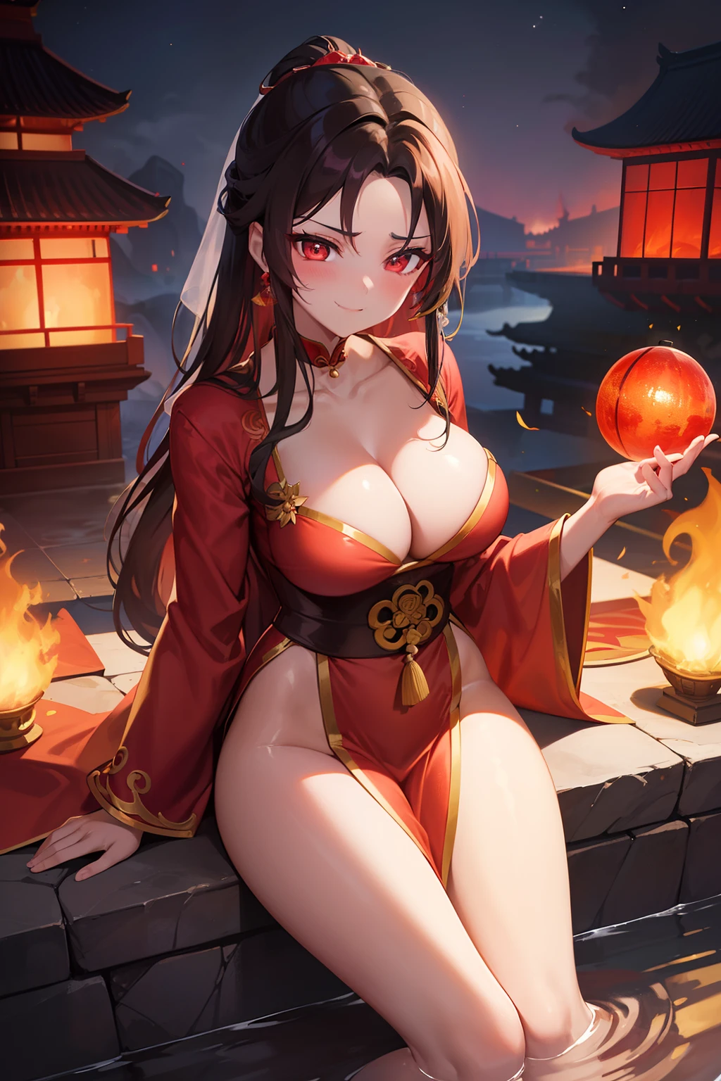 princess azula, evening, sunset, looking at viewer, cleavage, red satin robes, clothed bathing, girl floating above the water, palace, temple, fire, lava, red glowing, smug face (NSFW)