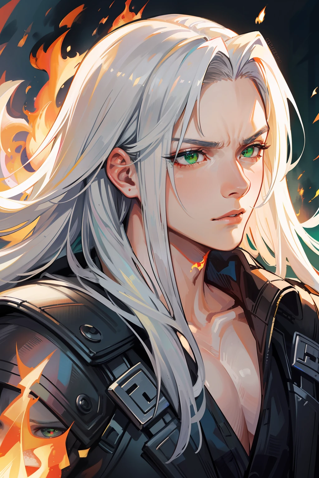 (masterpiece), best quality, detailed hair detailed face, ultra high res, sharp focus, ((1 man, solo)), perfect handsome face, masculine look, close up, shoulder view, (look away), (in the burning place:1.3), surrounded in fire, Sephiroth from Final Fantasy, silver white hair, long hair, grumpy face, muscular body, ((perfect shape eyes, green eyes))