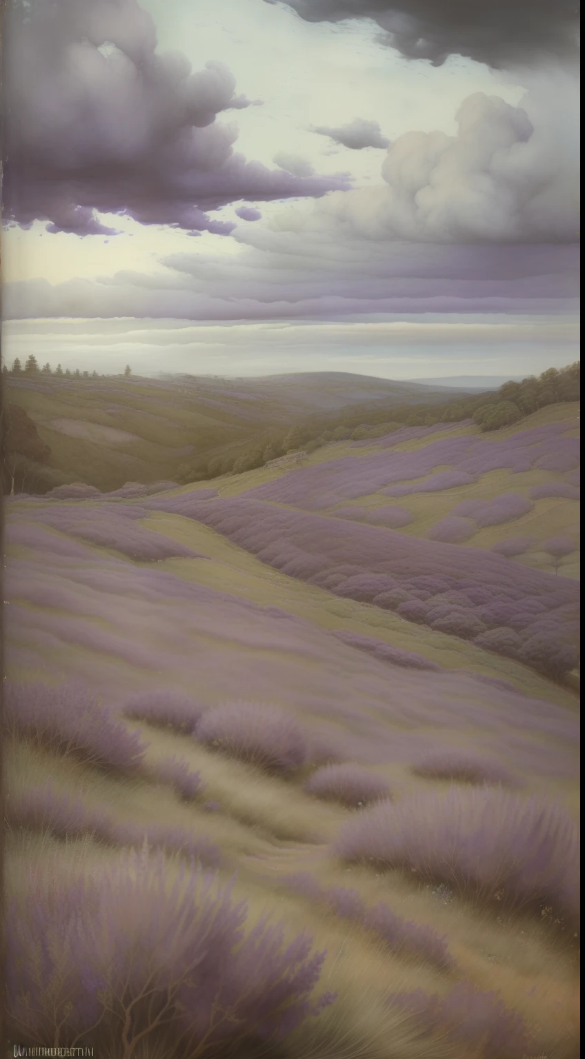 (((Pre-Raphaelite painting of a purple heather thicket, nuvens, clouded skies, Chuva, charneca, paisagem celta)))