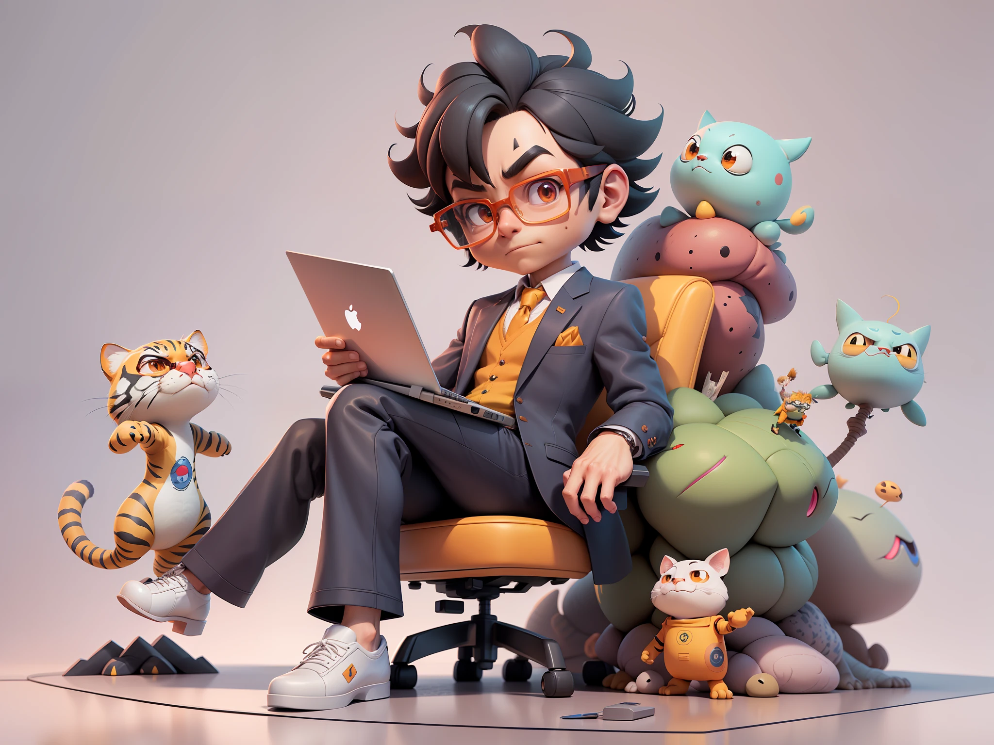 A young man in a suit, Short hair and glasses sat at his desk,holding laptop,digitial painting,tigre,3D character design by Mark Clairen and Pixar and Hayao Miyazaki and Akira Toriyama,4K HD illustration,Very detailed facial features and cartoon-style visuals。