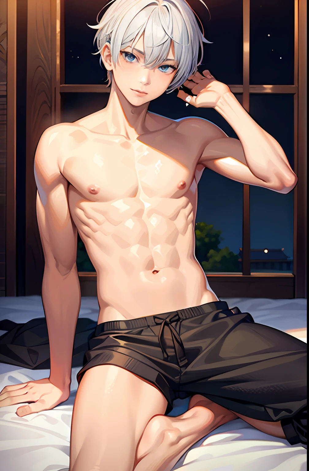 masterpiece, best quality, high quality,  1boy,10yo, , duo, male focus, full body, looking at viewer, white hair,spiky hairstyle, short hair, steam smork, japan style,  anime coloring, shy, home muji style, detailed face, topless, white towel on waist,