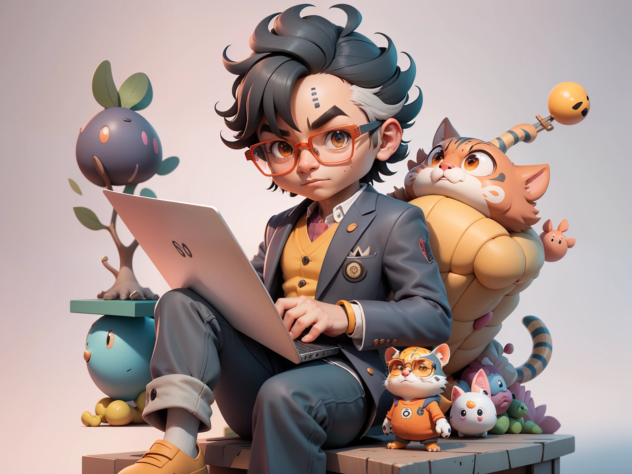 A young man in a suit, Short hair and glasses sat at his desk，holding laptop，digitial painting，tigre，3D character design by Mark Clairen and Pixar and Hayao Miyazaki and Akira Toriyama，4K HD illustration，Very detailed facial features and cartoon-style visuals。