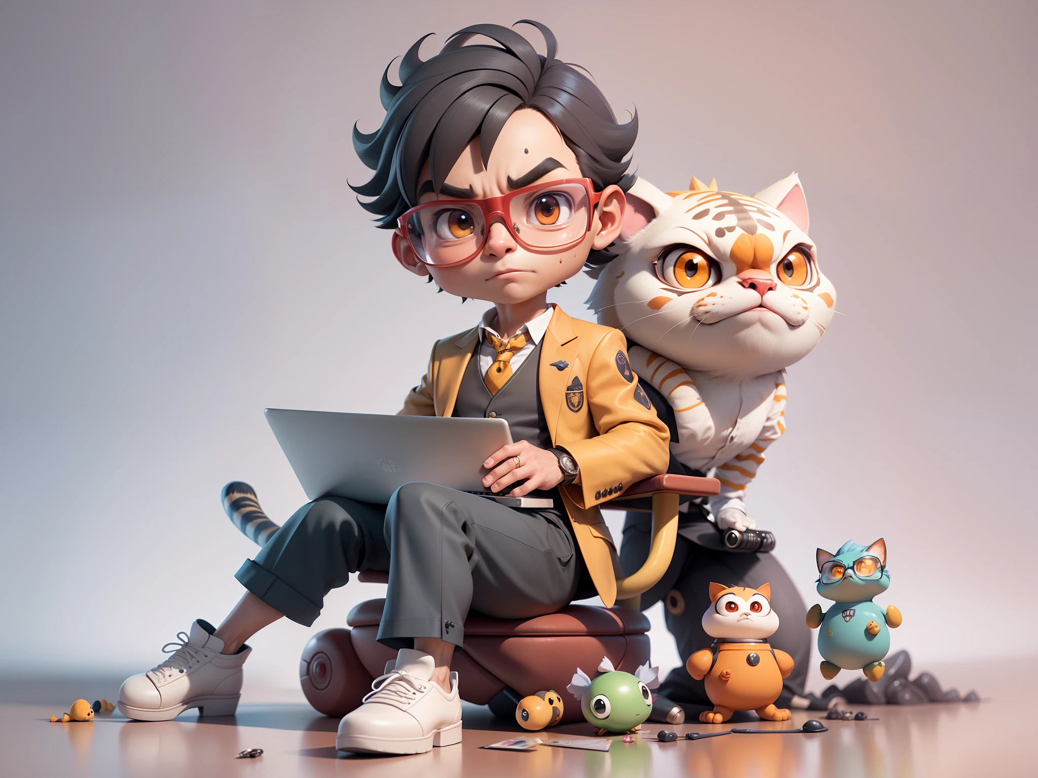 A young man in a suit, Short hair and glasses sat at his desk,holding laptop,digitial painting,tigre,3D character design by Mark Clairen and Pixar and Hayao Miyazaki and Akira Toriyama,4K HD illustration,Very detailed facial features and cartoon-style visuals。