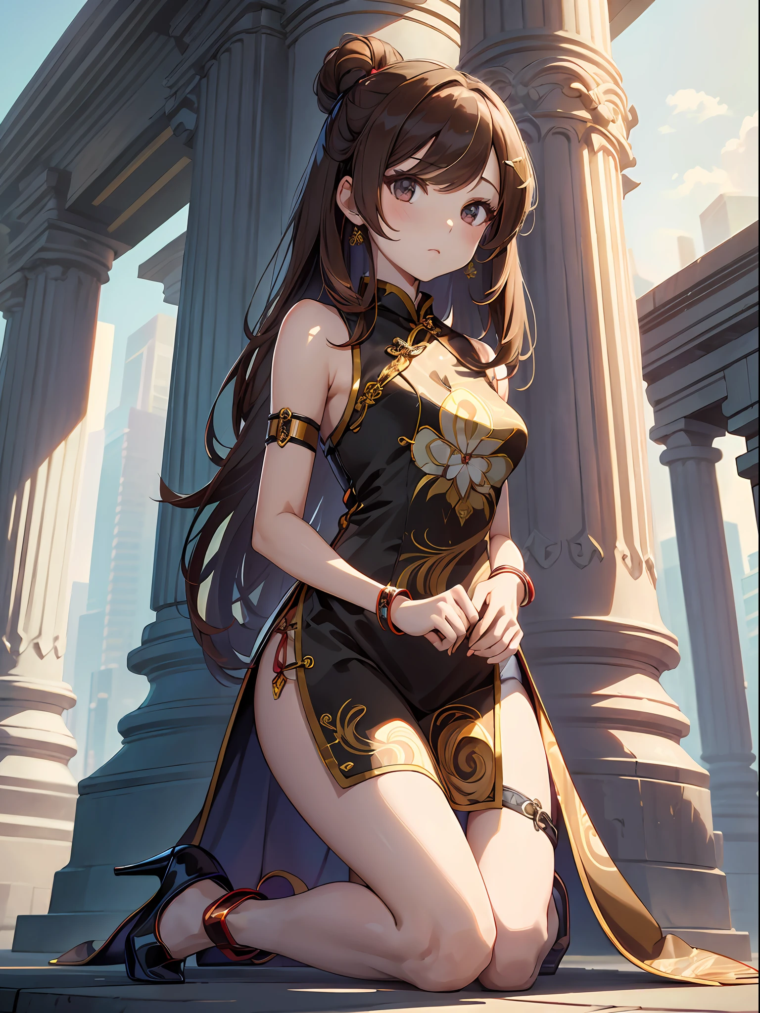 (((depict very  very young girl))), long brown hair, brown eyes, stand up, small  breasts, shy, focused, (nice hips), (show hips), (((ftight chinese dress))), ((((no underwear))), (show pussy), (Masterpiece, Excellent, complex details),  delicate girl, delicate face