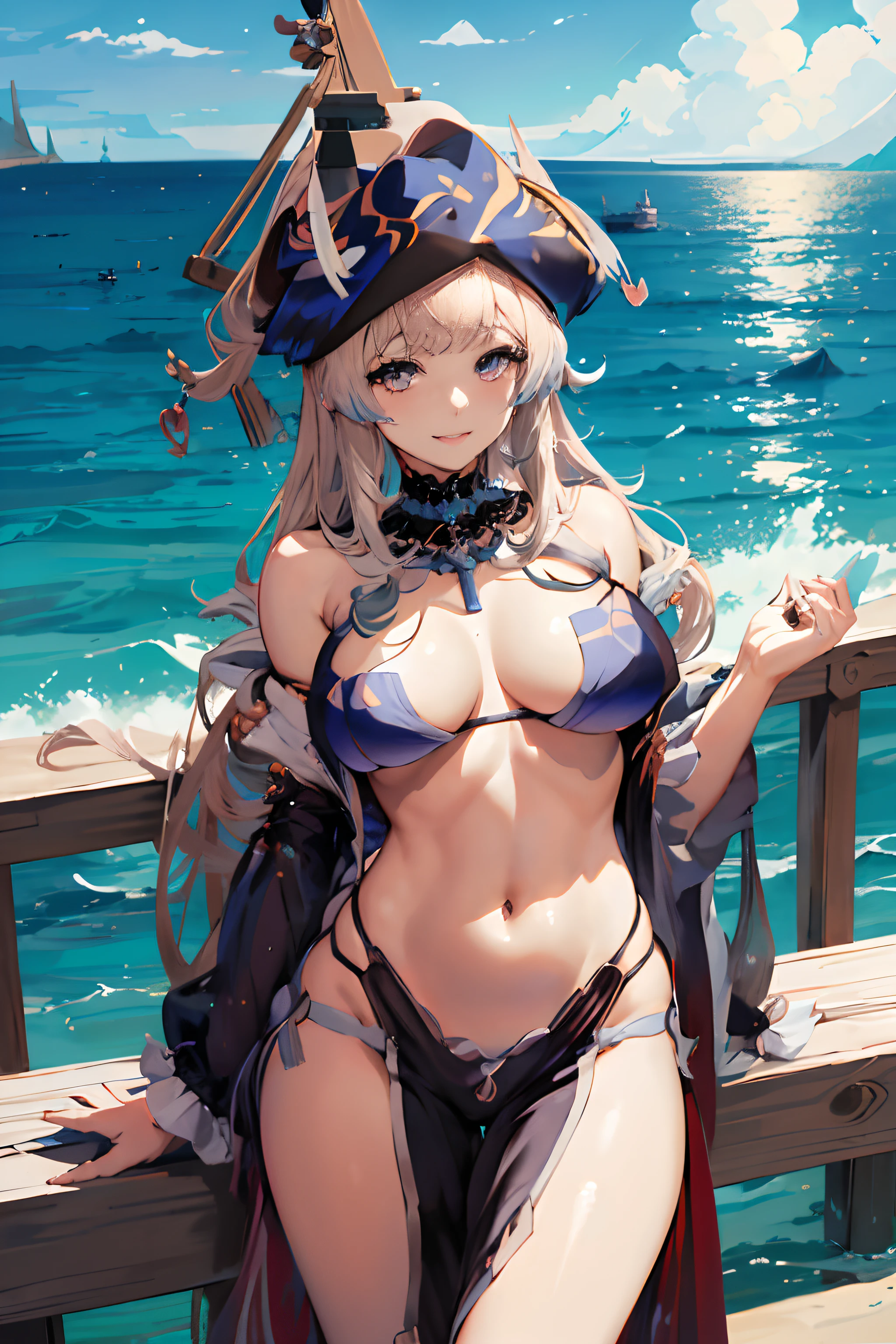 Sexy woman in pirate costume poses on pier by the sea, Seductive Anime Girl, marisa kirisame, anime goddess, beautiful alluring anime woman, azur lane style, ??????????? loli, Bikini Armor, ornate bikini armor, Detailed Digital Anime Art, from the azur lane videogame, guweiz on pixiv artstation