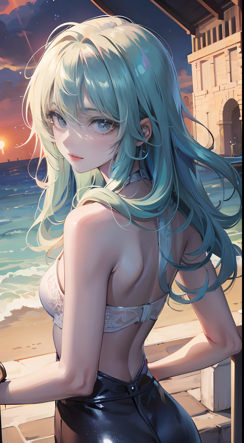 (masterpiece, best quality:1.2), looking at viewer, (earlyteen:1.2), (cinematic:1.4), wavy hair, (shiny skin, bright skin:1.2), --auto