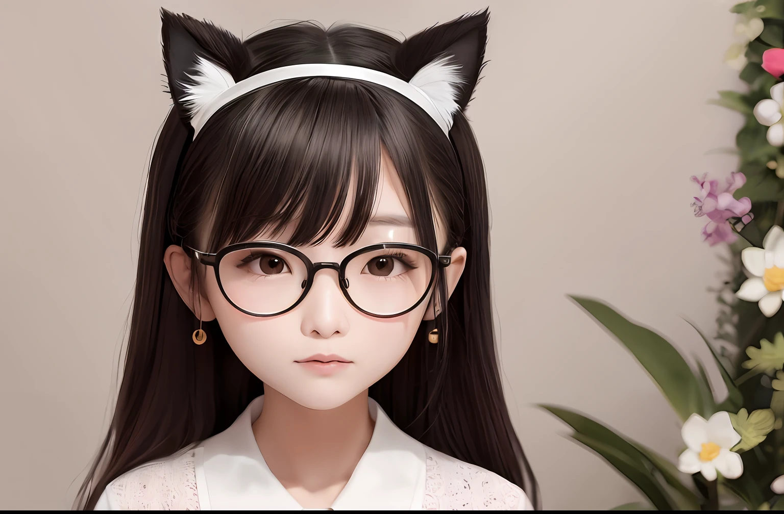 there is a woman with glasses and a cat headband on, clear cute face, wan adorable korean face, xintong chen, with small nose, ulzzangs, Round cute face, Cute nose, wenfei ye, young lovely Korean faces, Choi Hyun-hwa, Round round nose, Li Zixin, wearing small round glasses, wearing black glasses