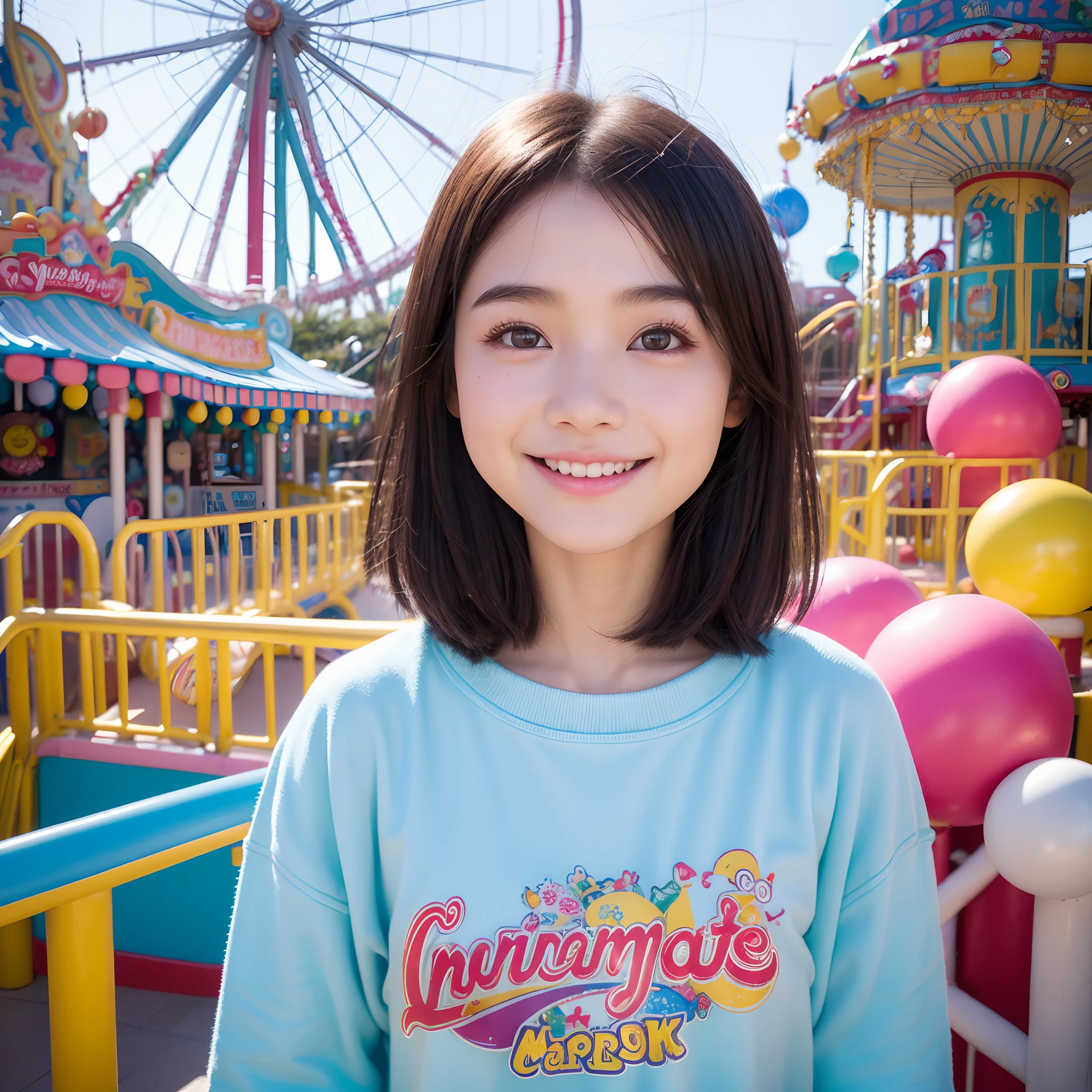 Photorealistic, high-quality 32k photo of a beautiful Japanese girl in a cute and casual outfit, with detailed eyes and an excited smile, enjoying a day at an amusement park. She’s wearing a comfortable tee and shorts with canvas shoes, her hair tied in a playful ponytail. The image captures her full body with colorful rides and attractions in the background, focusing on her joyous expression and the fun-filled park atmosphere