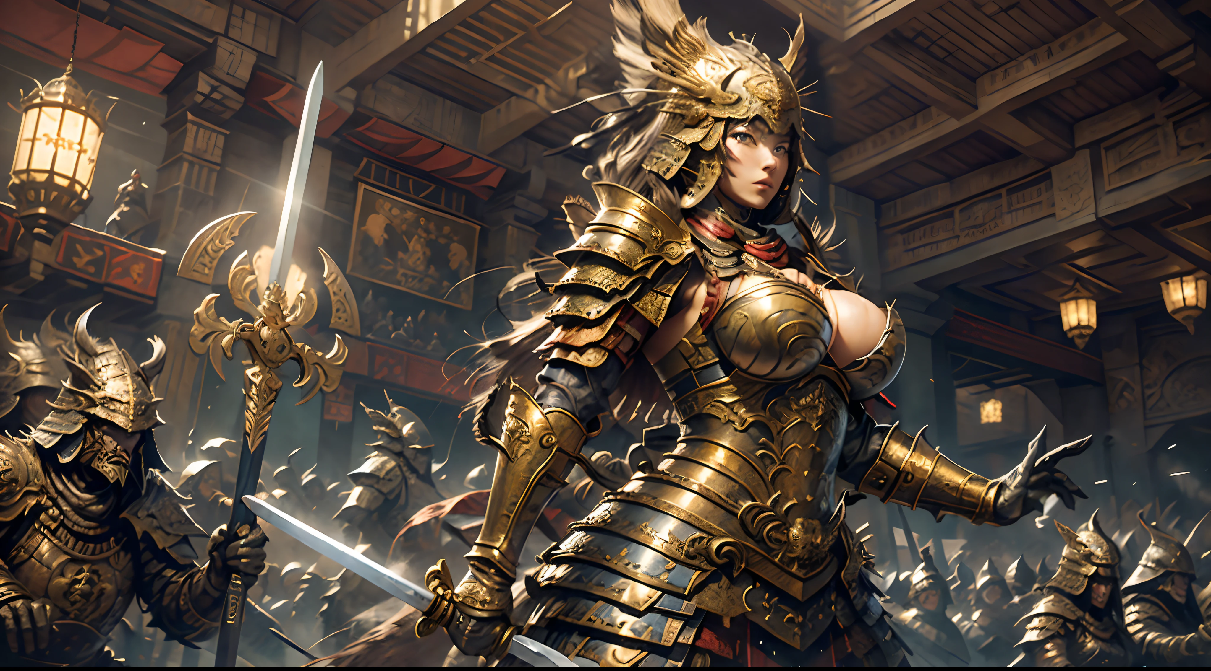 A young woman in armor and carrying a sword stands in front of the audience, large full breasts, (Perfect Body), (Masterpiece), In a very sexy pose, (The ultra-detailliert), (Hyper beautiful), (8K, Highly detailed CG illustrations),You can see an army of monsters on the other side.