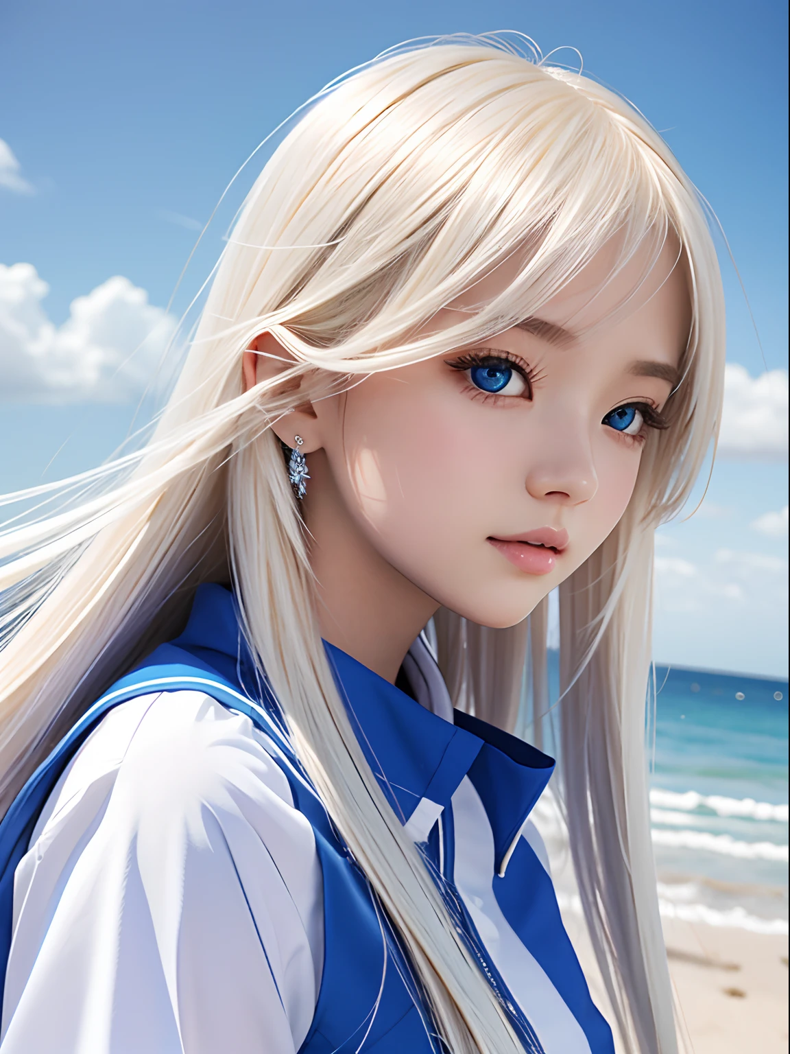 1 girl、portlate、student clothes、blue-sky、Bright and very beautiful face、年轻, shiny white shiny skin、Best Looks、Blonde hair with dazzling light reflection、Beautiful Platinum Blonde Super Long Silky Straight Hair Gloss、Long bangs、Extraordinarily beautiful -yeld、Biyes that shine crystal clear light blue、Beautiful lovely beautiful girl