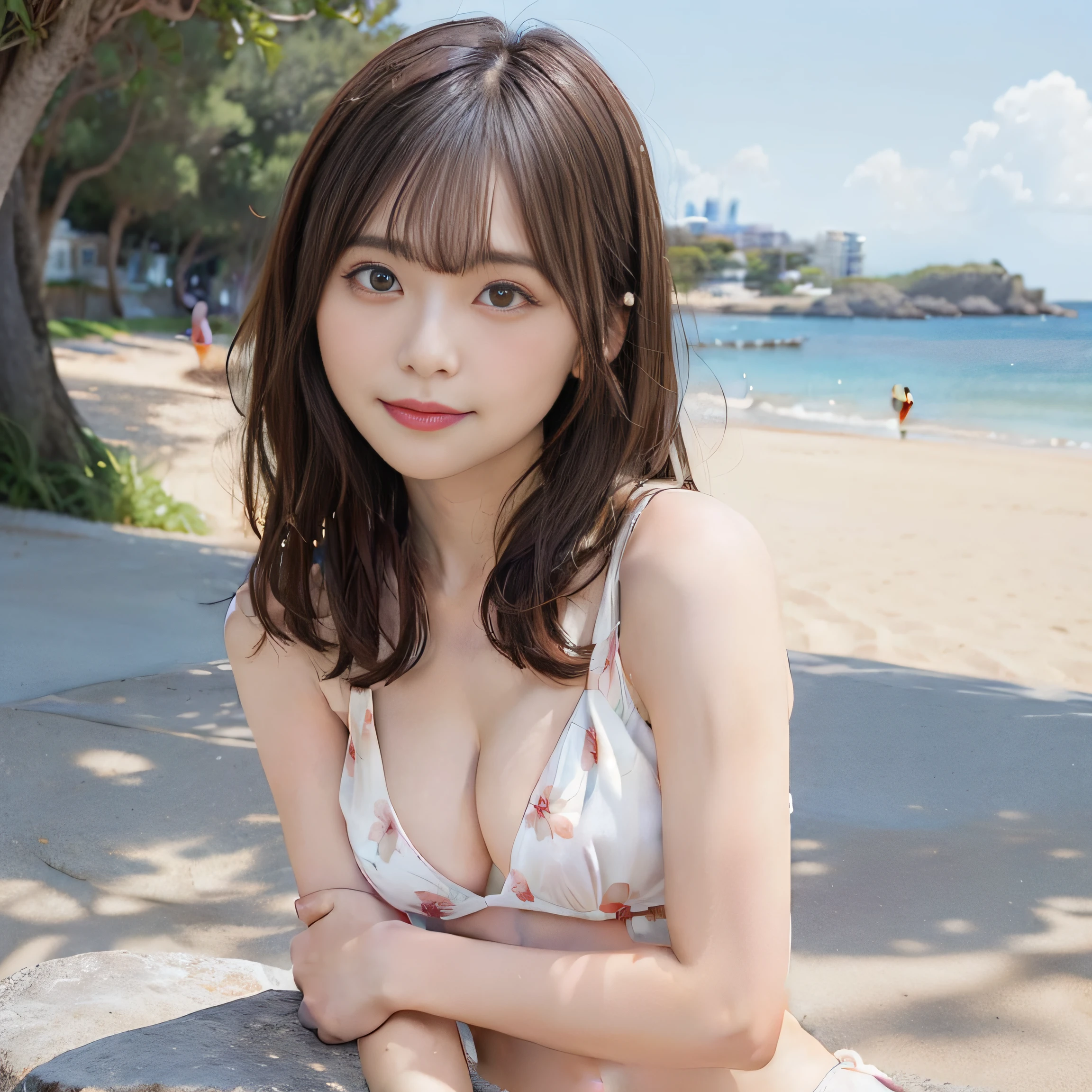 in 8K,Best Quality:1.4, 超A high resolution:1.5, (Photorealistic:1.4),masterpiece:1.2,(top-quality:1.4)、 Raw photo、 (From the knee up:1.4, From Side:0.7), (the background is blurred), sea side, sand beach, 1日本人の女の子, Cute,(35 year old:1.2) (Solo), (Shy smile), Smooth skin、Floral Bikini:1.4、 (Brown medium hair,Bangs), (touch hair:1.4),nogizaka,Cute swimsuit,Supple fingertips,Beautiful black eyes、natural skin textures:1.3, realistic eyes and face details:1.7、middlebreasts、backshots:1.2、the setting sun、Gravure Pose:1.2、Toned buttocks:1.5、Hands behind the head、gazing at viewer