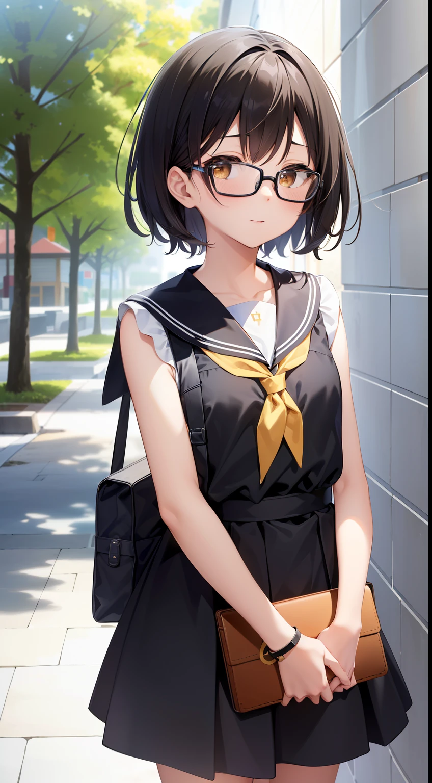(masutepiece, Best Quality, Capture super cute moments, depth of fields, ultra-detailliert, Ultra High Resolution, C4D, Octadale, 3D Modeling, 8K, 16 K, girl with、a junior high school student、A dark-haired、short-hair、straight haired、Light brown eyes、hair adornments、wearing black glasses、cute  face)、Sleeveless and see-through sailor suit、Sailor suit with yellow ribbon、lowfers、satchel