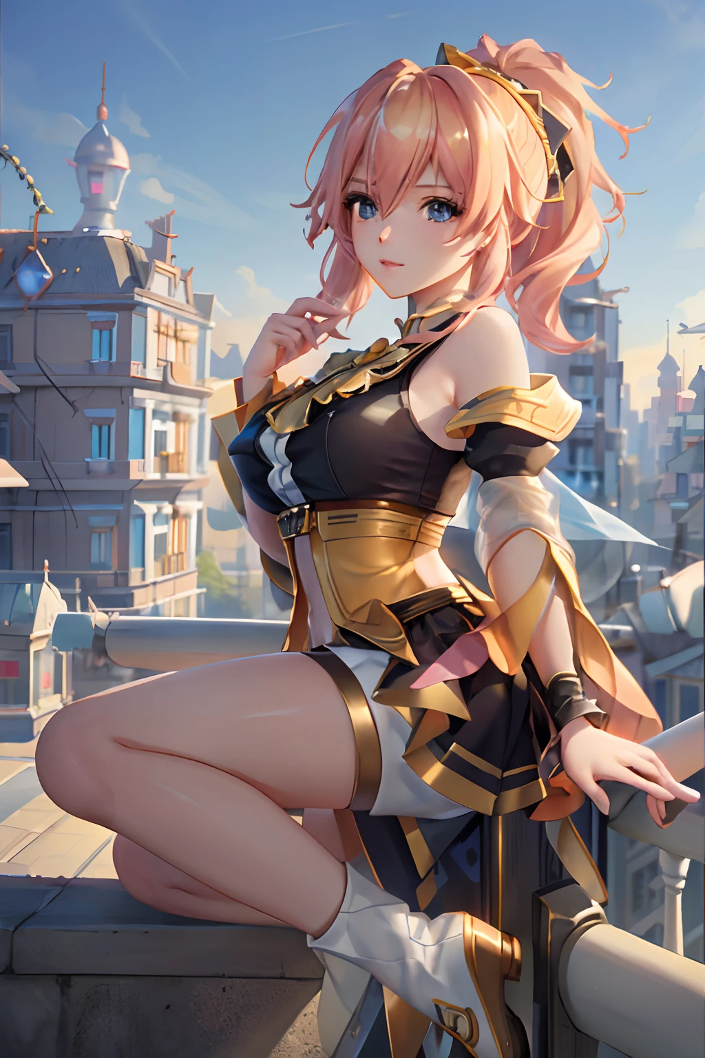 tmasterpiece, best quality, (Detailed eyes and skin), ((realistic)), jixiaoman, 1girl, blonde_hair, pink_hair, yellow_clothes, black_clothes, blue_eyes, blue_sky, blurry, blurry_background, blurry_foreground, (modern_city:1.5), medium_breasts, motion_blur,nase，exteriors，photore_\（Curly\），a plant，short detailed hair，Skysky，独奏，The upper part of the body，School background