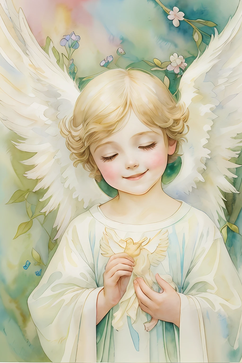 Blessings of Angels､Bright background、Boy Angel､heart mark、tenderness､A smile、Gentle､**** Angel､jugendstil、watercolor paiting