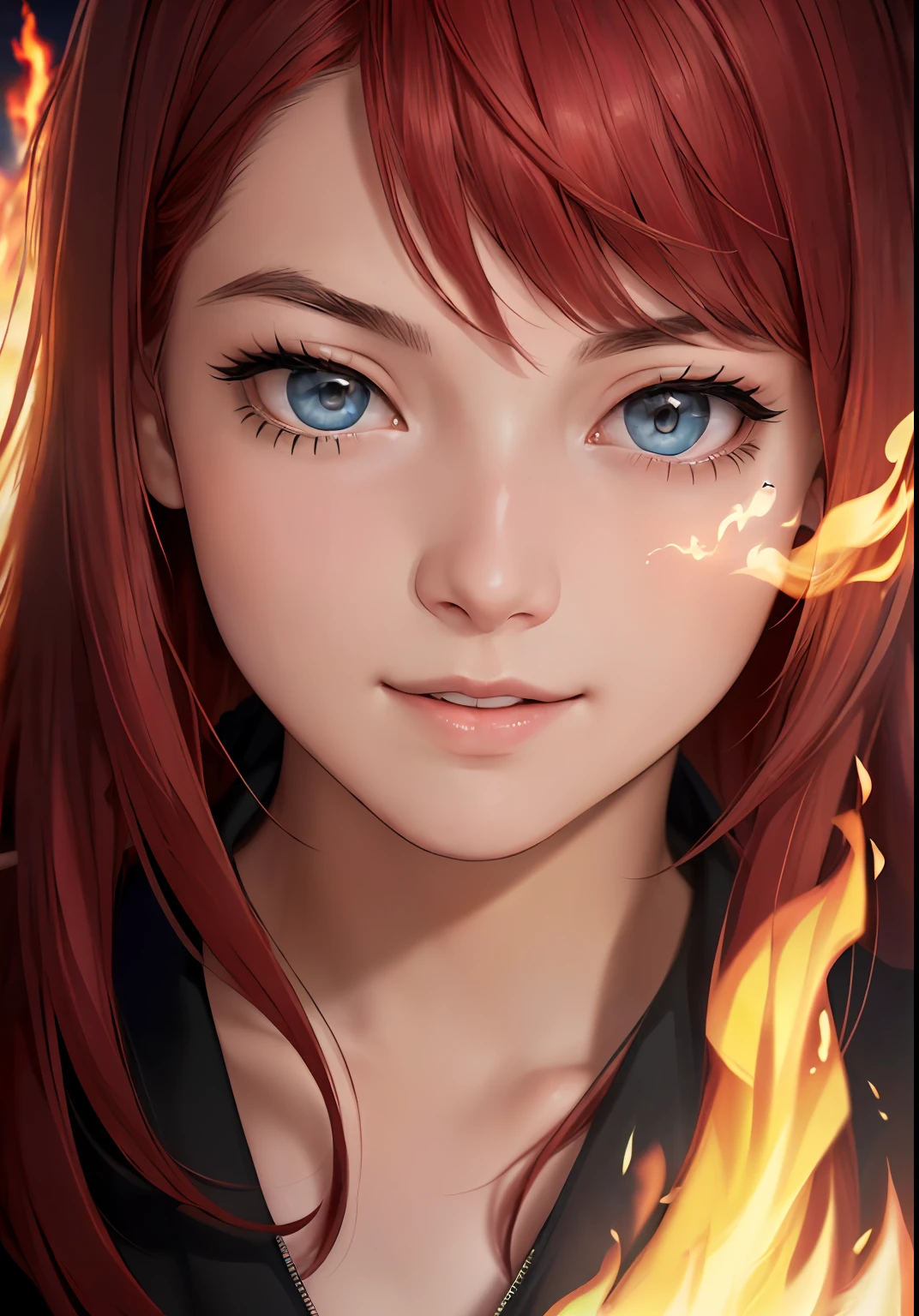 analog style, model shoot style, RAW photo ((close portrait:1.6)) of a 1girl, (red hair:1.5, long hair), ((hair in fire:1.5)), , smile, (shiny body), ((cute face: 1.7,
perfect face:1.3)), (from above:1.2), best quality, epic (by lee jeffries photo, sony a7, 50 mm, pores:1.5, colors, hyperdetailed:1.5, film grain:1.4,
hyperrealistic: 1.5), hyper-realistic lifelike texture, masterpiece, unreal engine 5, Extremely detailed CG unity 8k wallpaper, realistic eyes,
Madly detailed photo, (??????? of light and shadow, deep shadow), (Winner of the Pulitzer Prize for Photography and Taylor Wessing Photographic Prize)