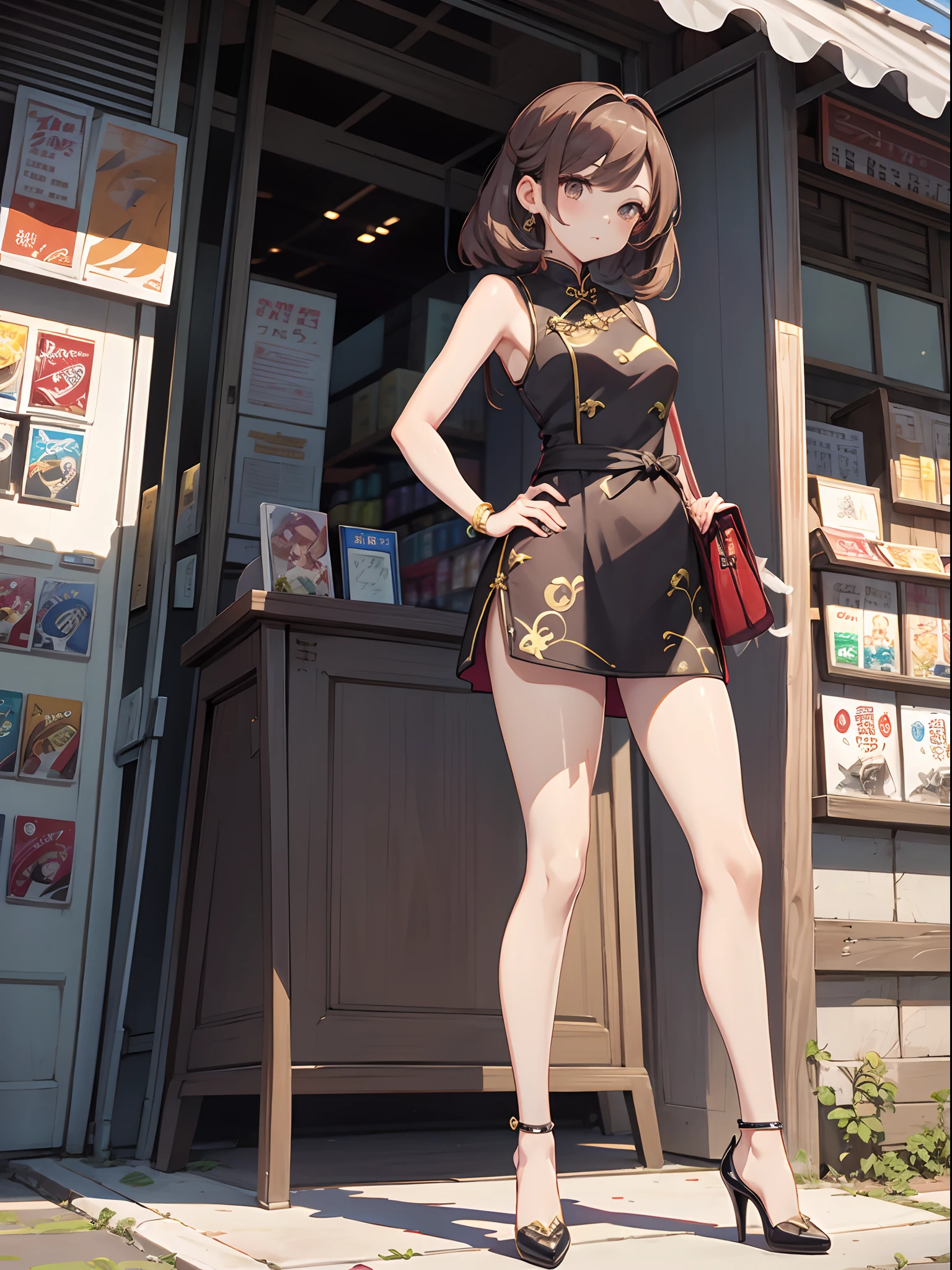 best qualtiy,tmasterpiece,Ultimate Resolution,Brown-haired semi-long、downy,highly colorful,Cheongsam beauty,A MILF,Sleeveless Mini Cheongsam,Micro Mini Cheongsam,White shorts、Kneeling Pose,(((Up to two legs))),((Anime girl standing and waiting)),Collar,anklets,high-heels,high-heels,Correct posture、Convenience store mae、