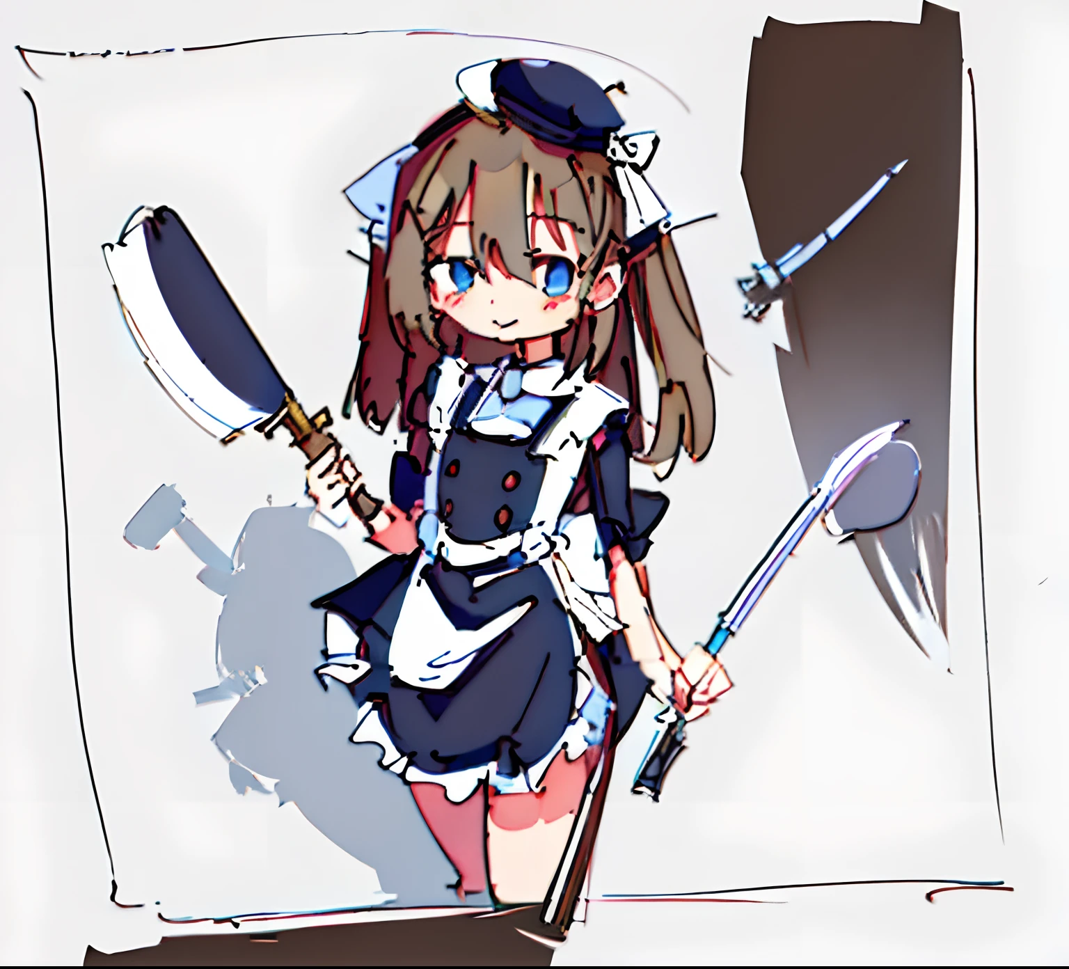 a drawing of a girl with a knife and a hat, brown hair, maid outfit, small curvy , clean anime outlines, full color, anime girl, heavy outlines, various pose, holding ladle