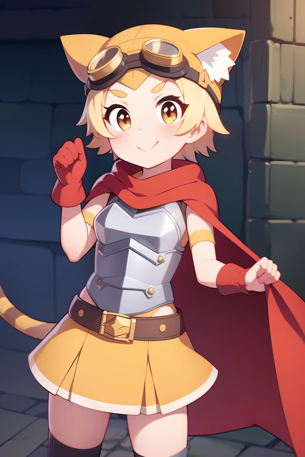 1girl, iron breastplate, short sleeves, white dress skirt, red cape, black leggings, cat ear hat, goggles, blond hair, short hair, yellow belt, tail growing teru, young girl, cute smile, high quality