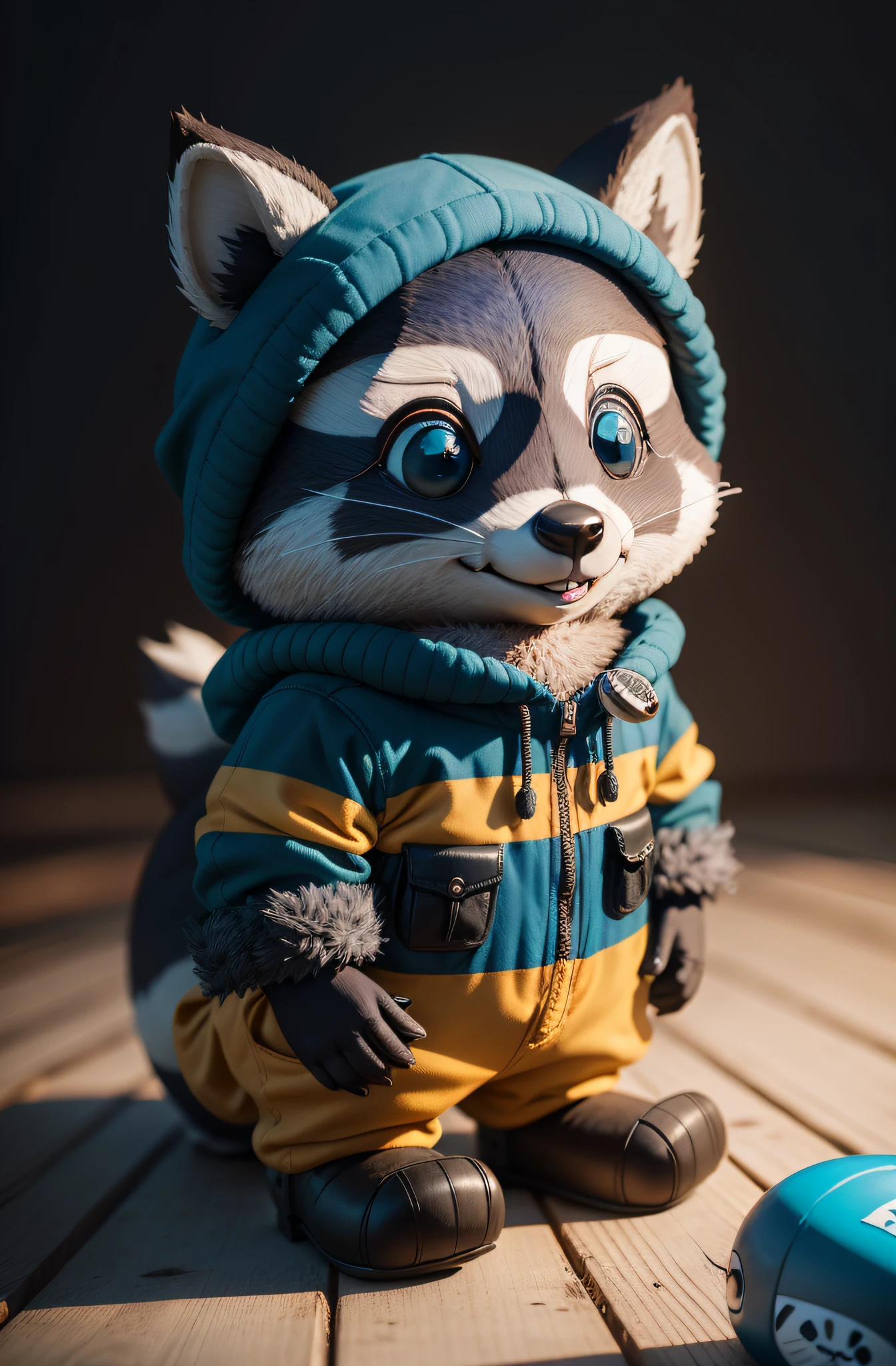 stuffed raccoon Rocky Racon, moletom azul, olhando de frente, de frente, Pescador, sorrindo, Alegre, amigavel 4k