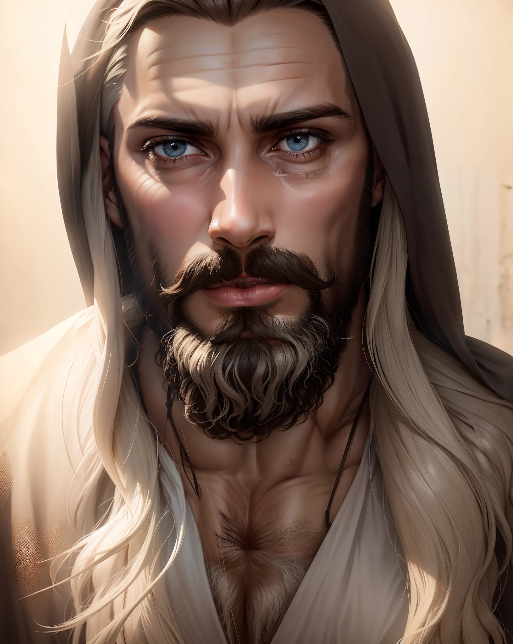 Jesus Cristo com cabelos brancos e barba e bigode brancos aspecto resplandecente com um deus.