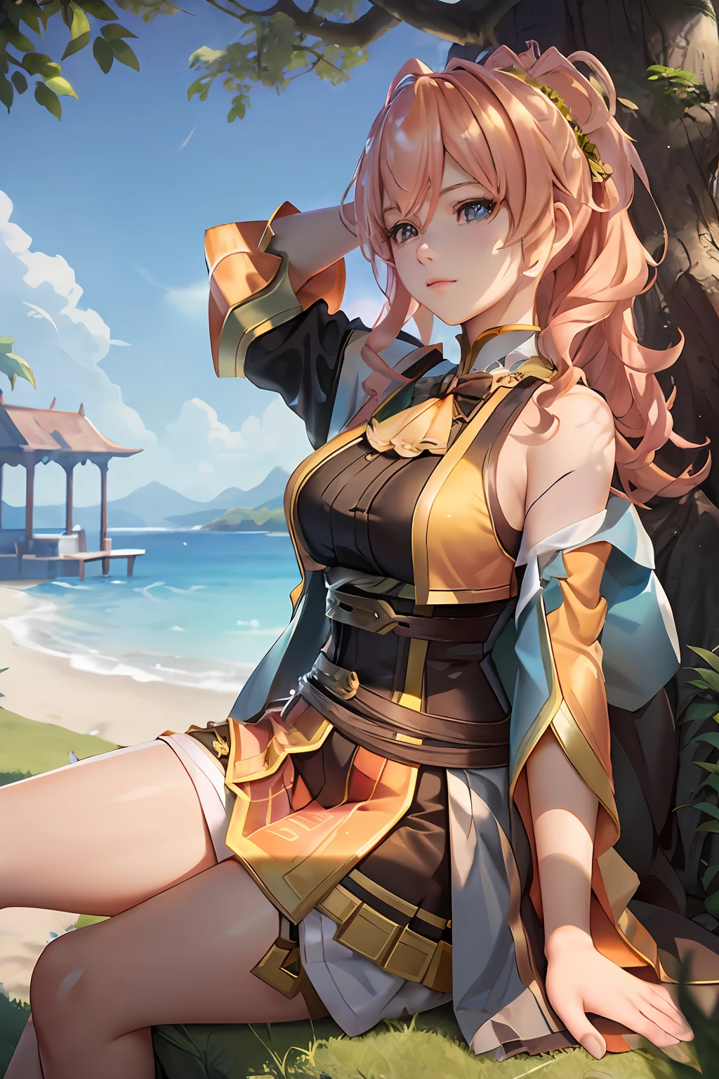 tmasterpiece, best quality, (Detailed eyes and skin), ((realistic)), jixiaoman, 1girl,A girl sleeps in the shade of a tree，rays of sunshine， blonde_hair, pink_hair, yellow_clothes, black_clothes, blue_eyes, blue_sky, blurry, blurry_background, blurry_foreground,, medium_breasts, motion_blur,nase，exteriors，photore_\（Curly\），a plant，short detailed hair，独奏，