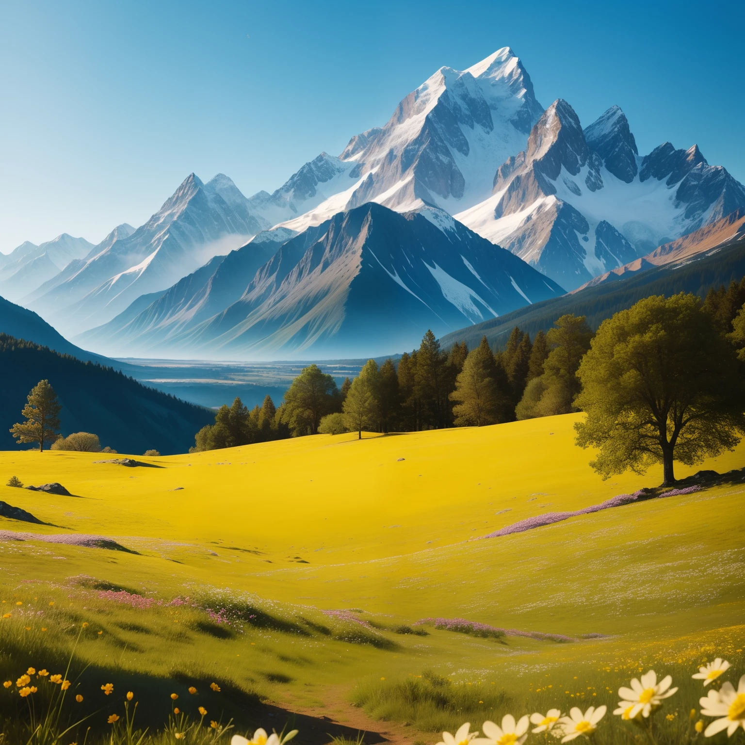 Beautiful sunny environment,Mountain range, small flowers of various colors, trees, small dewdrops