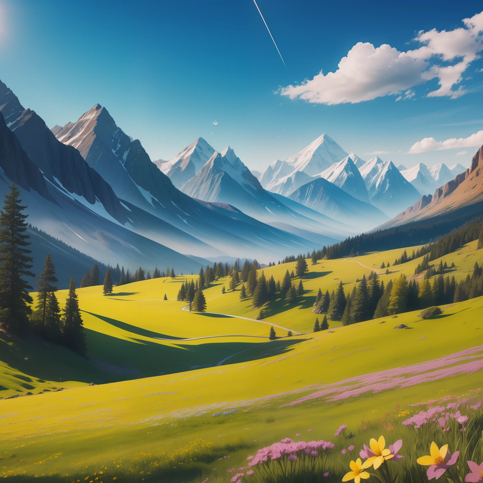 Beautiful sunny environment,Mountain range, small flowers of various colors, trees, small dewdrops