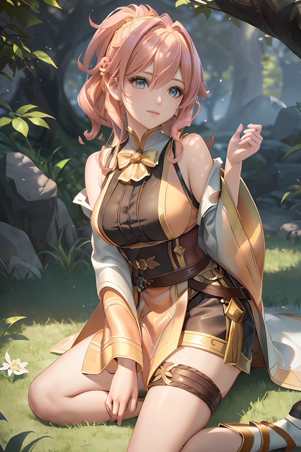 tmasterpiece, best quality, (Detailed eyes and skin), ((realistic)), jixiaoman, 1girl,A girl sleeps in the shade of a tree，rays of sunshine， blonde_hair, pink_hair, yellow_clothes, black_clothes, blue_eyes, blue_sky, blurry, blurry_background, blurry_foreground,, medium_breasts, motion_blur,nase，exteriors，photore_\（Curly\），a plant，short detailed hair，独奏，