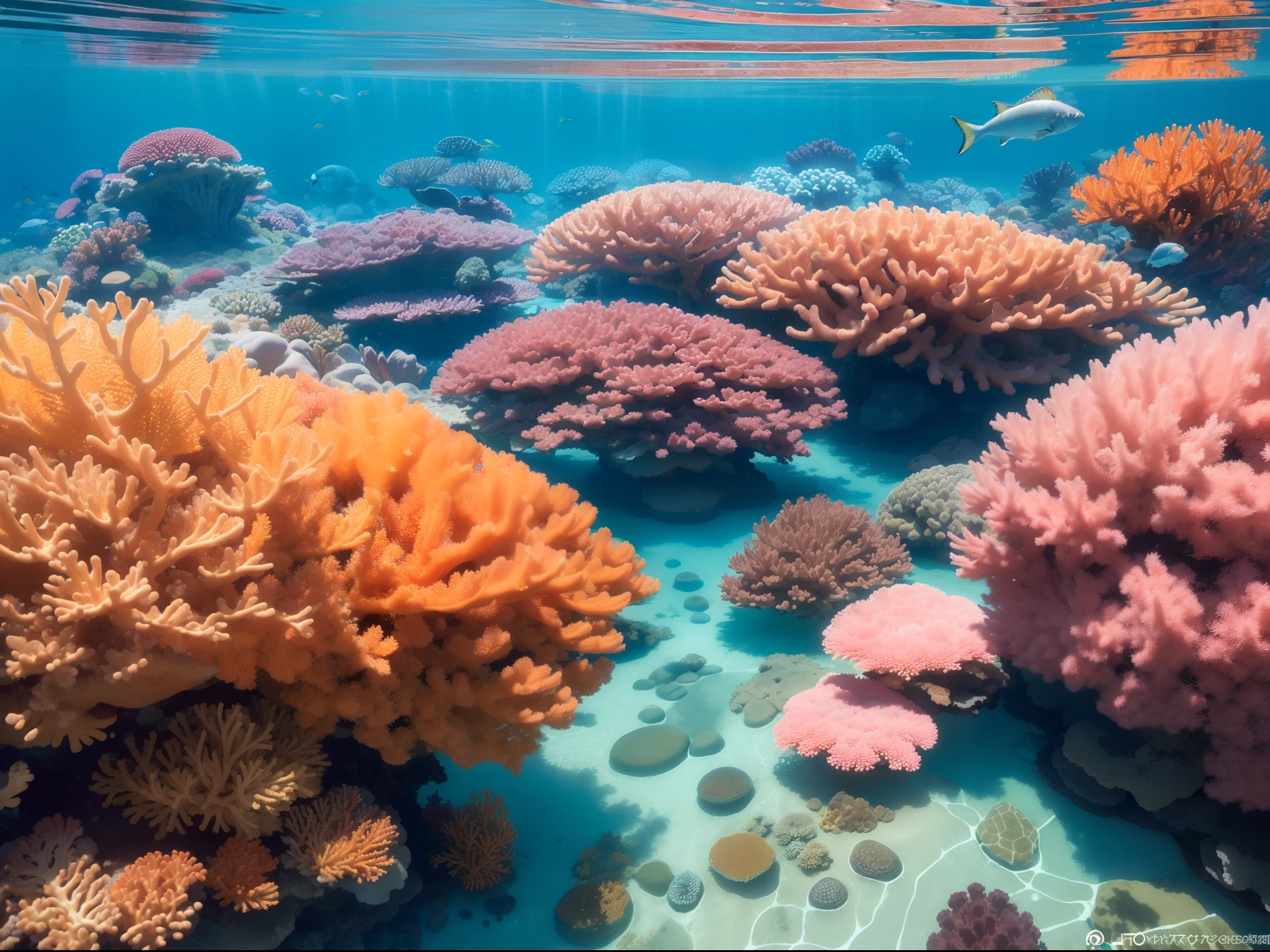 (masutepiece, Best Quality:1.4),(8K,Raw photo, photographrealistic:1.2), nffsw, In colorful coral reefs、The surface is home to different types of fish and corals, Sunlight shines through the water, Akiraksuwan, under the water, richly colored, Colorful corals, Lassen-like coloring