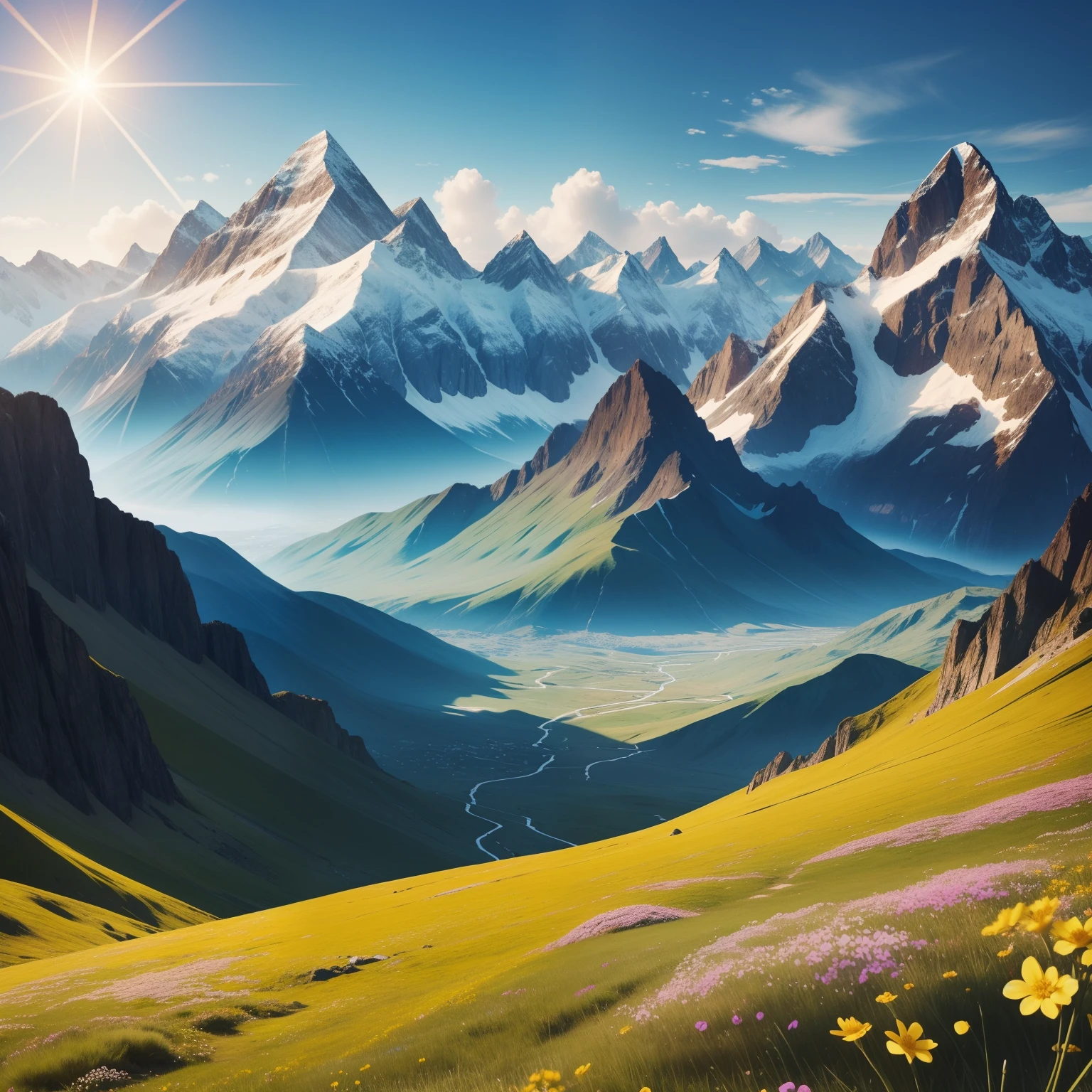 Beautiful sunny environment,Mountain range, small flowers of various colors, trees, small dewdrops