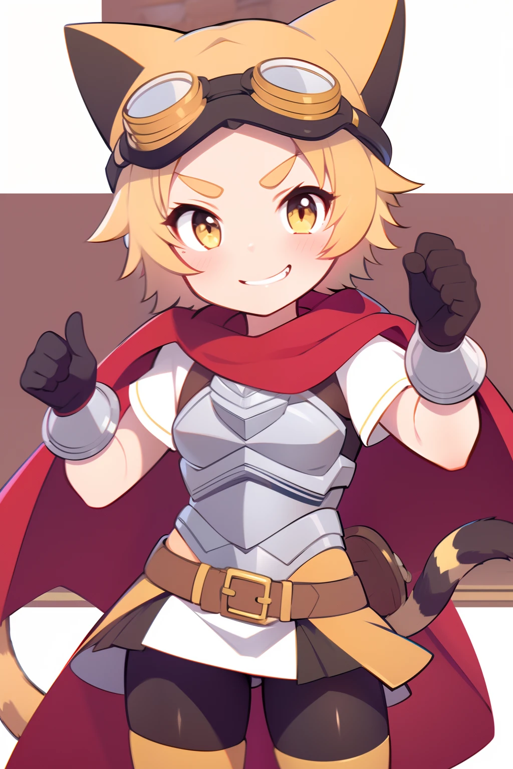 1girl, iron breastplate, short sleeves, white dress skirt, red cape, black leggings, cat ear hat, goggles, blond hair, short hair, yellow belt, tail growing teru, young girl, cute smile, high quality