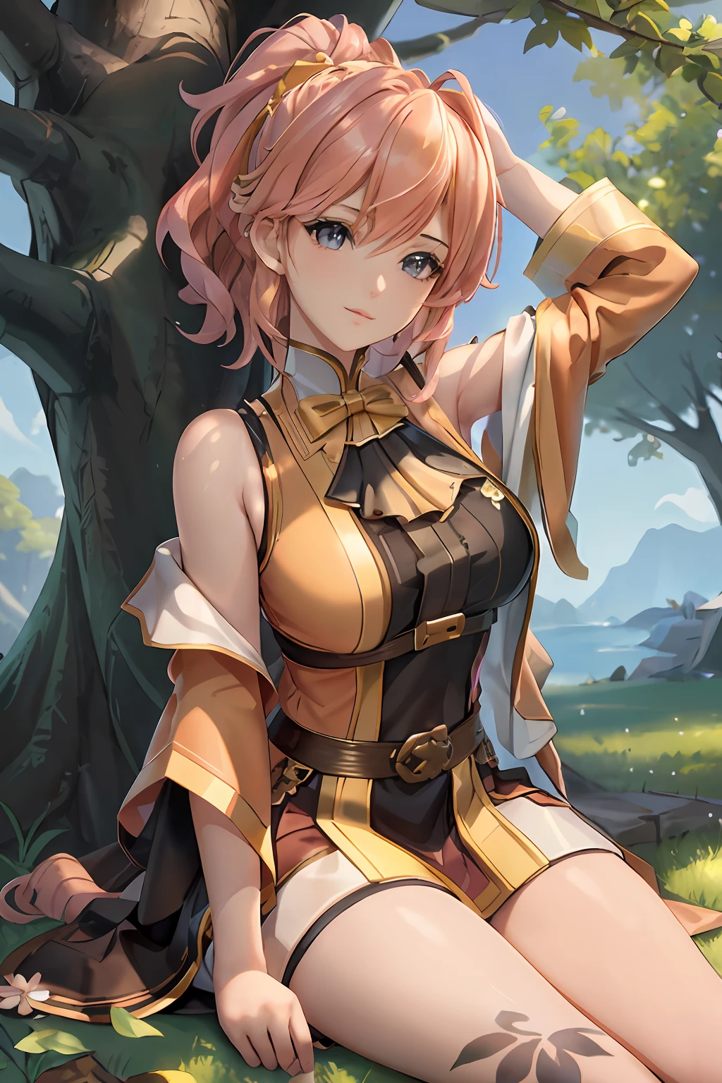 tmasterpiece, best quality, (Detailed eyes and skin), ((realistic)), jixiaoman, 1girl,A girl sleeps in the shade of a tree，rays of sunshine， blonde_hair, pink_hair, yellow_clothes, black_clothes, blue_eyes, blue_sky, blurry, blurry_background, blurry_foreground,, medium_breasts, motion_blur,nase，exteriors，photore_\（Curly\），a plant，short detailed hair，独奏，