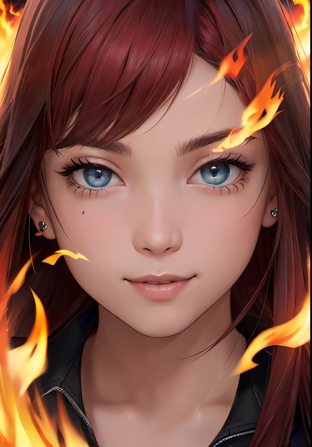 analog style, model shoot style, RAW photo ((close portrait:1.6)) of a 1girl, (red hair:1.5, long hair), ((hair in fire:1.5)), , smile, (shiny body), ((cute face: 1.7,
perfect face:1.3)), (from above:1.2), best quality, epic (by lee jeffries photo, sony a7, 50 mm, pores:1.5, colors, hyperdetailed:1.5, film grain:1.4,
hyperrealistic: 1.5), hyper-realistic lifelike texture, masterpiece, unreal engine 5, Extremely detailed CG unity 8k wallpaper, realistic eyes,
Madly detailed photo, (ecstasy of light and shadow, deep shadow), (Winner of the Pulitzer Prize for Photography and Taylor Wessing Photographic Prize)