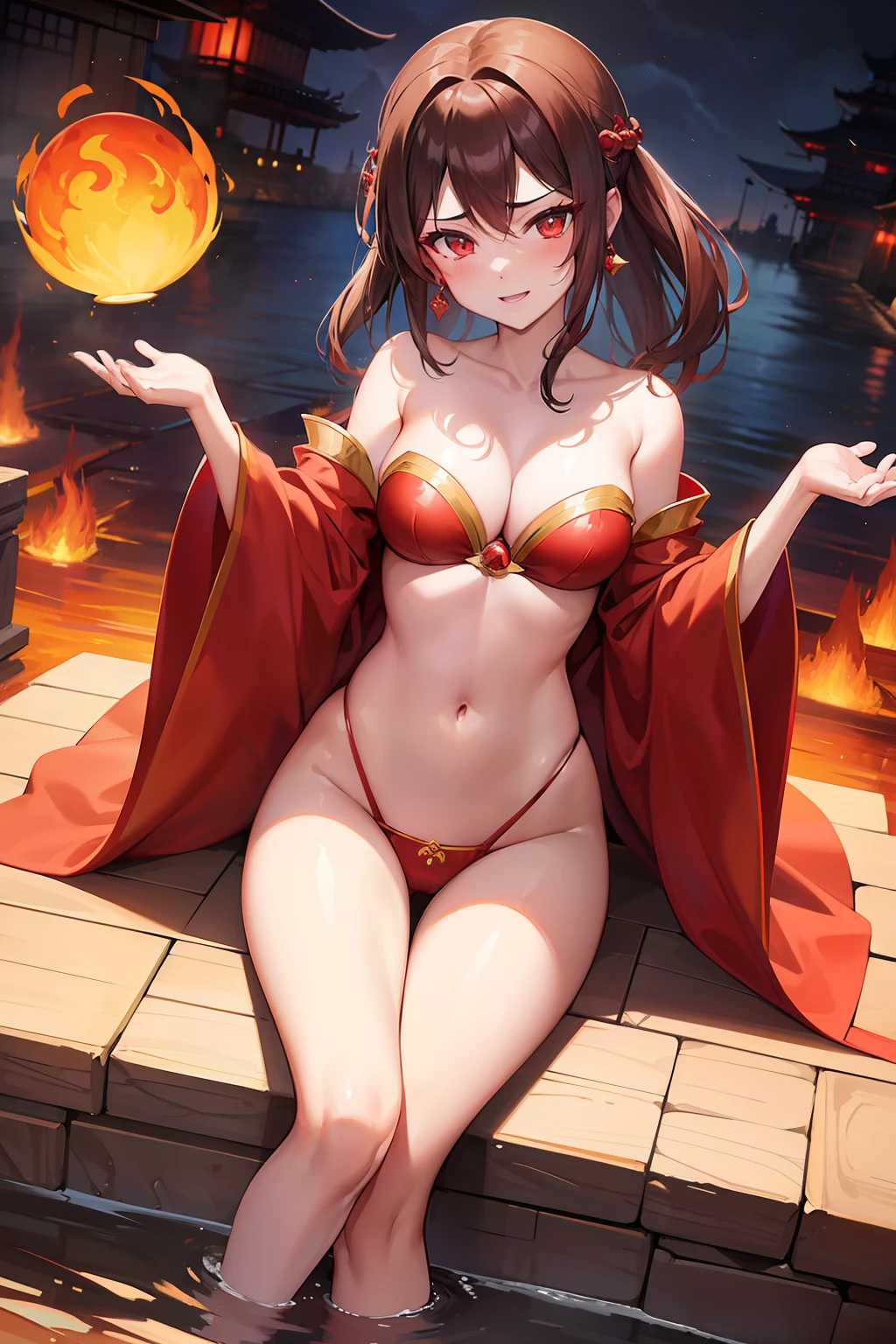 princess azula, evening, sunset, looking at viewer, cleavage, red satin robes, clothed bathing, girl floating above the water, palace, temple, fire, lava, red glowing, smug face (NSFW)
