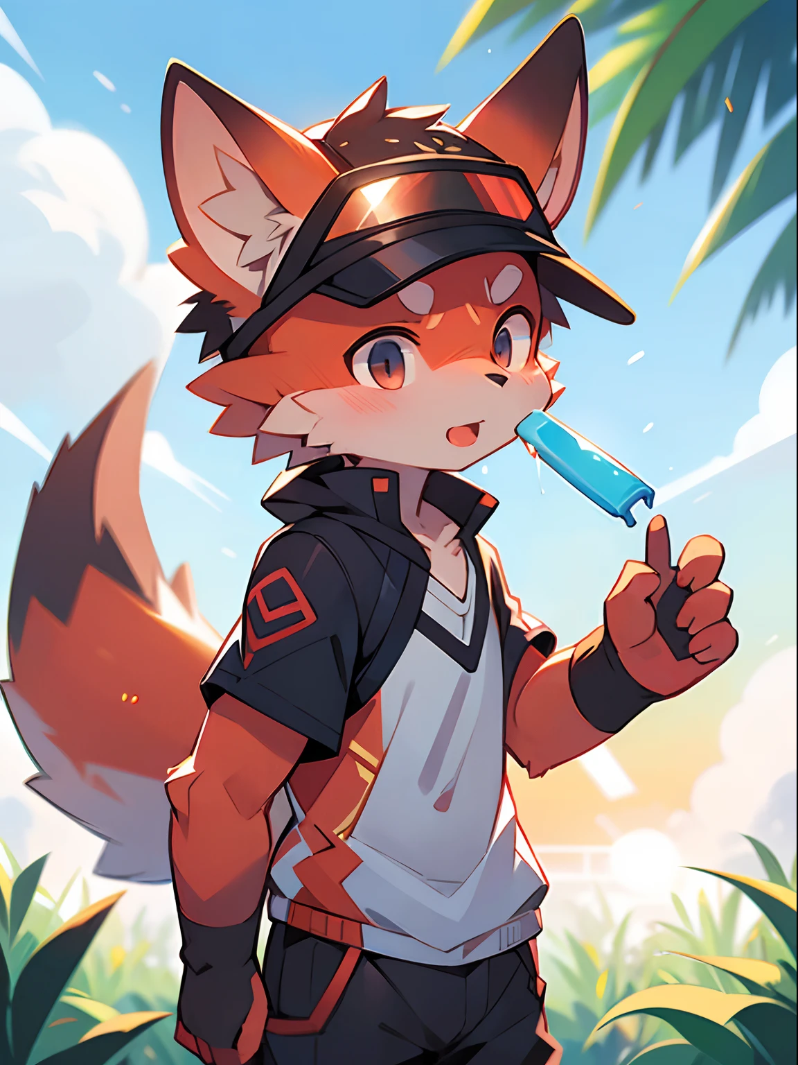 author:Jrjresq, author:Kirito, mammal, Furry, Male, Solo, wears, visor, Lick popsicles, Summer,