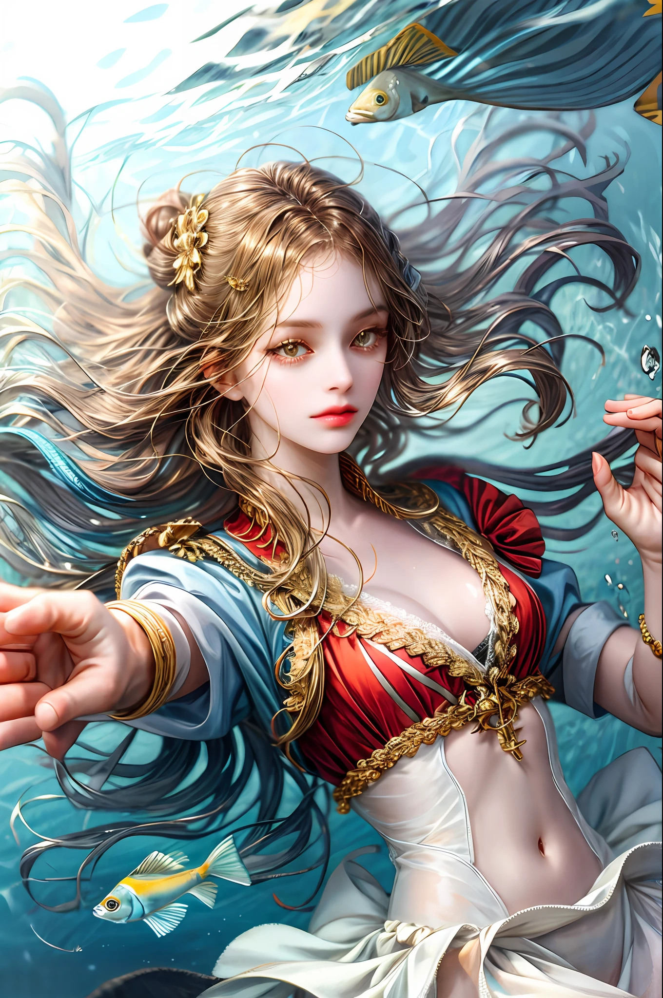Maiden in the sea，Perfect limbs，Perfect face，white scrunchie，perfectfingers，Golden pupils，under the water，fish flocks
