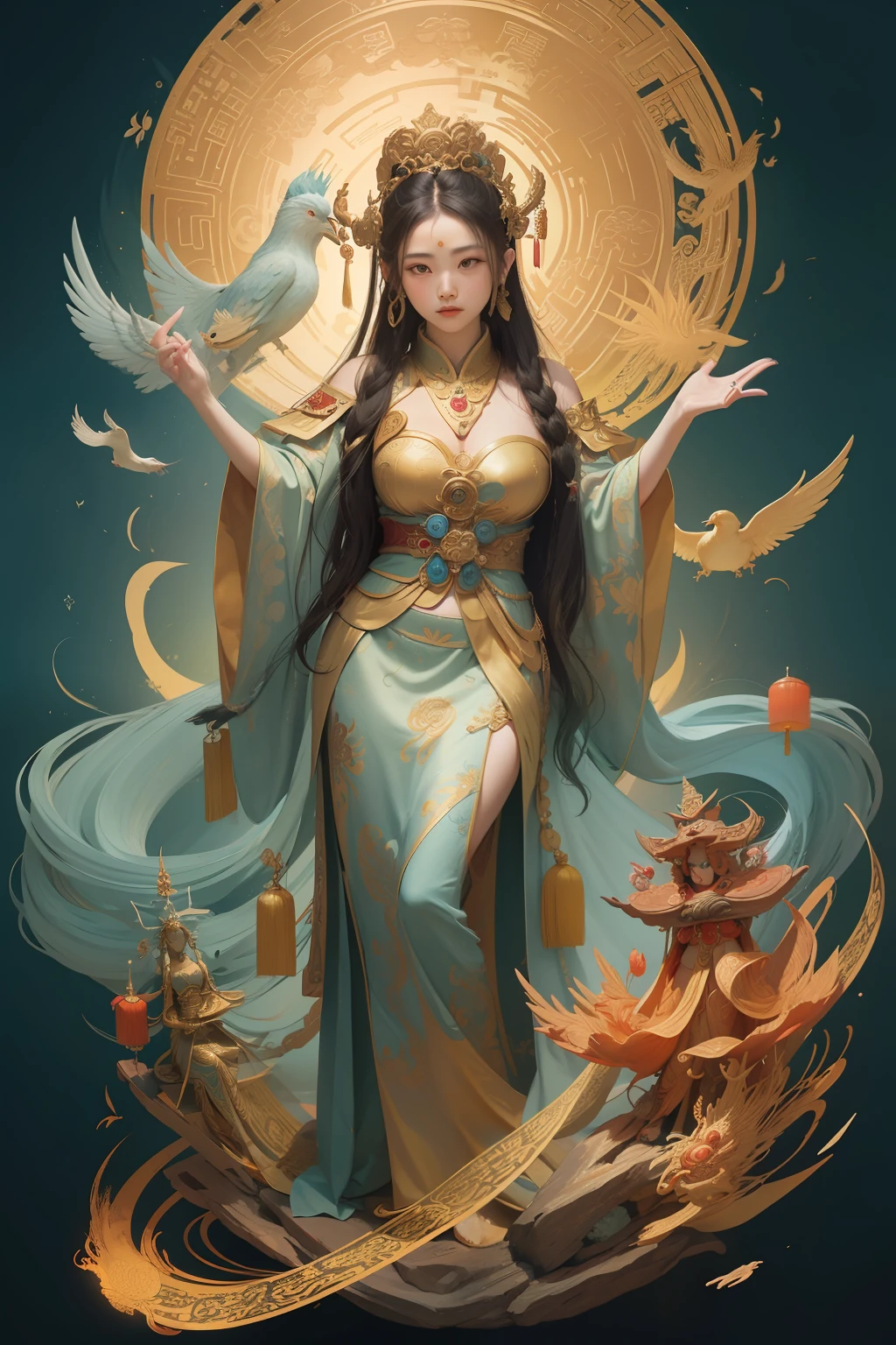 an ancient Chinese goddess, guanyin of the southern seas, Guanyin, Inspired by China, Avalokiteshvara rides a phoenix，,Serene expression,shui mo hua,Buddha,Buddhist,Lotus,Chinese painting style,Thangka style