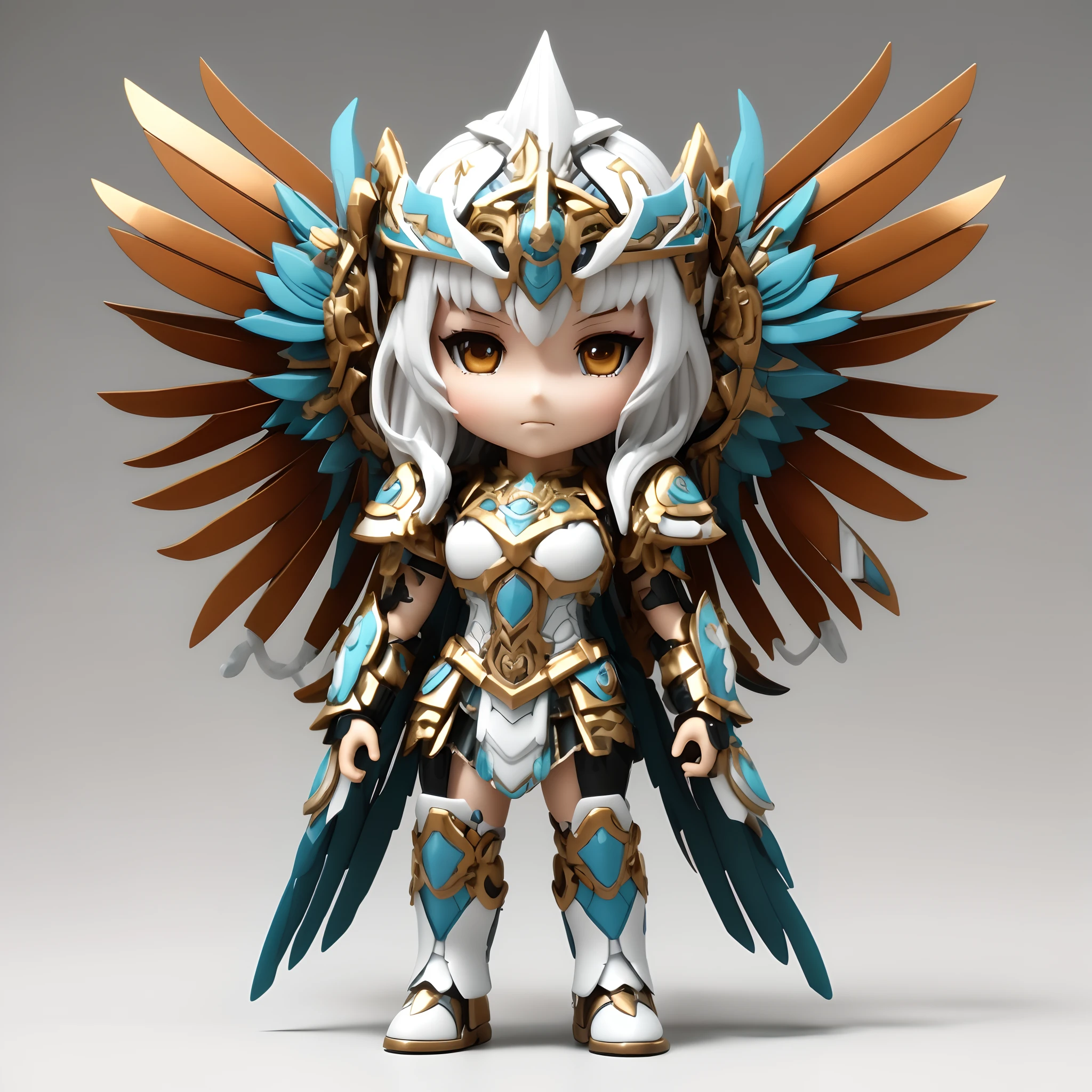 Close up portrait of doll with wings isolated on white background, angel knight girl, nendroid, pathfinder nendoroid, mystical atlantean valkyrie, Nendoroid 3D, angel in plastic armor, armor angle with wing, mechanized valkyrie girl, mystical valkyrie, as a mystical valkyrie, 3d goddess minerva, nendoroid