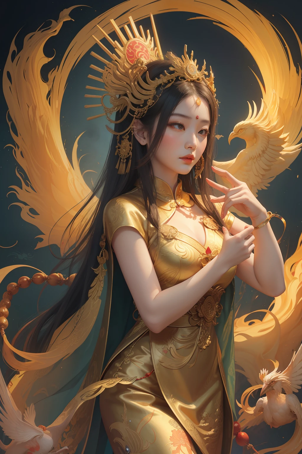 an ancient Chinese goddess, guanyin of the southern seas, Guanyin, Inspired by China, Avalokiteshvara rides a phoenix,,Serene expression,shui mo hua,Buddha,Buddhist,Lotus,Chinese painting style,Thangka style