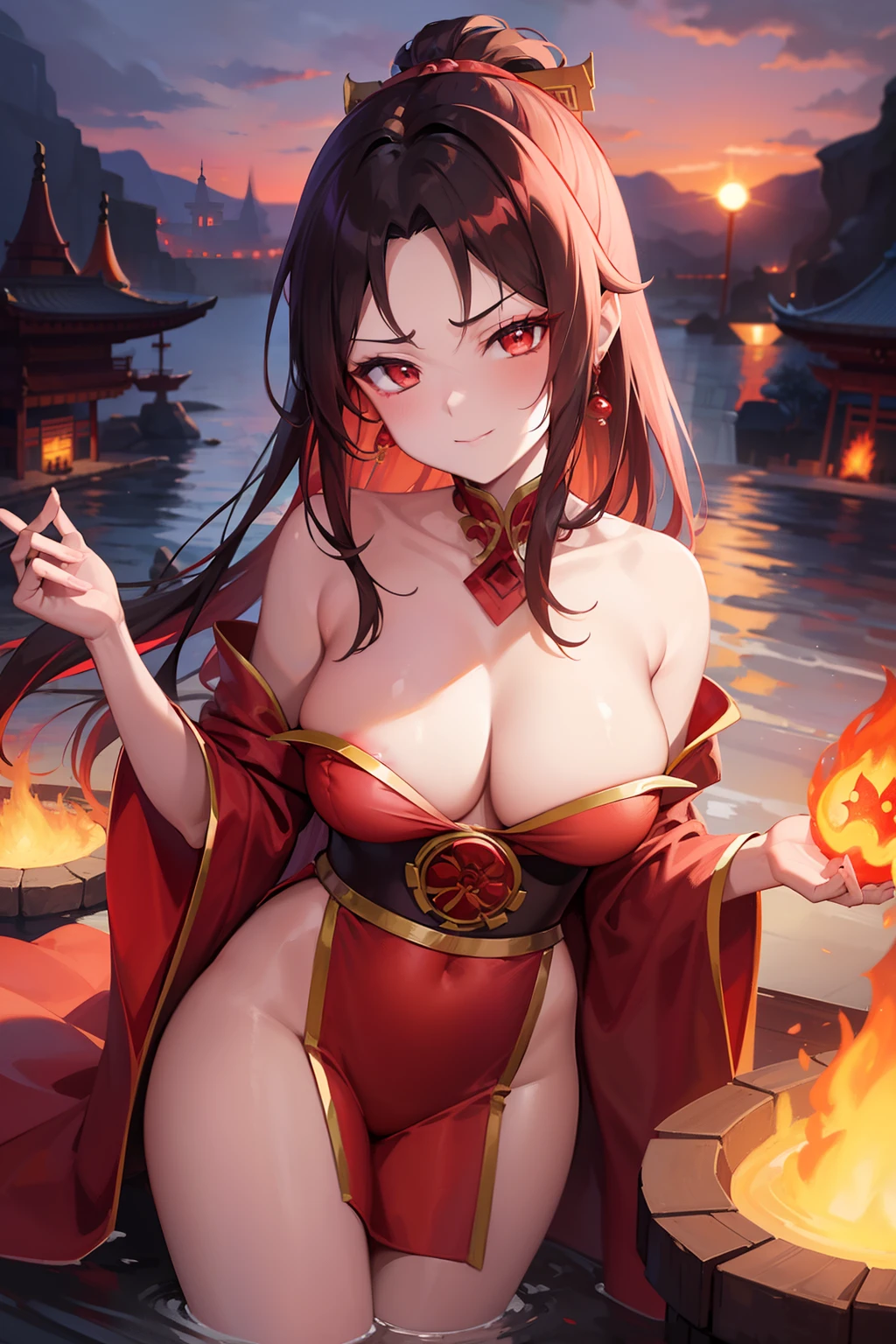 princess azula, evening, sunset, looking at viewer, cleavage, red satin robes, clothed bathing, girl floating above the water, palace, temple, fire, lava, red glowing, smug face (NSFW)