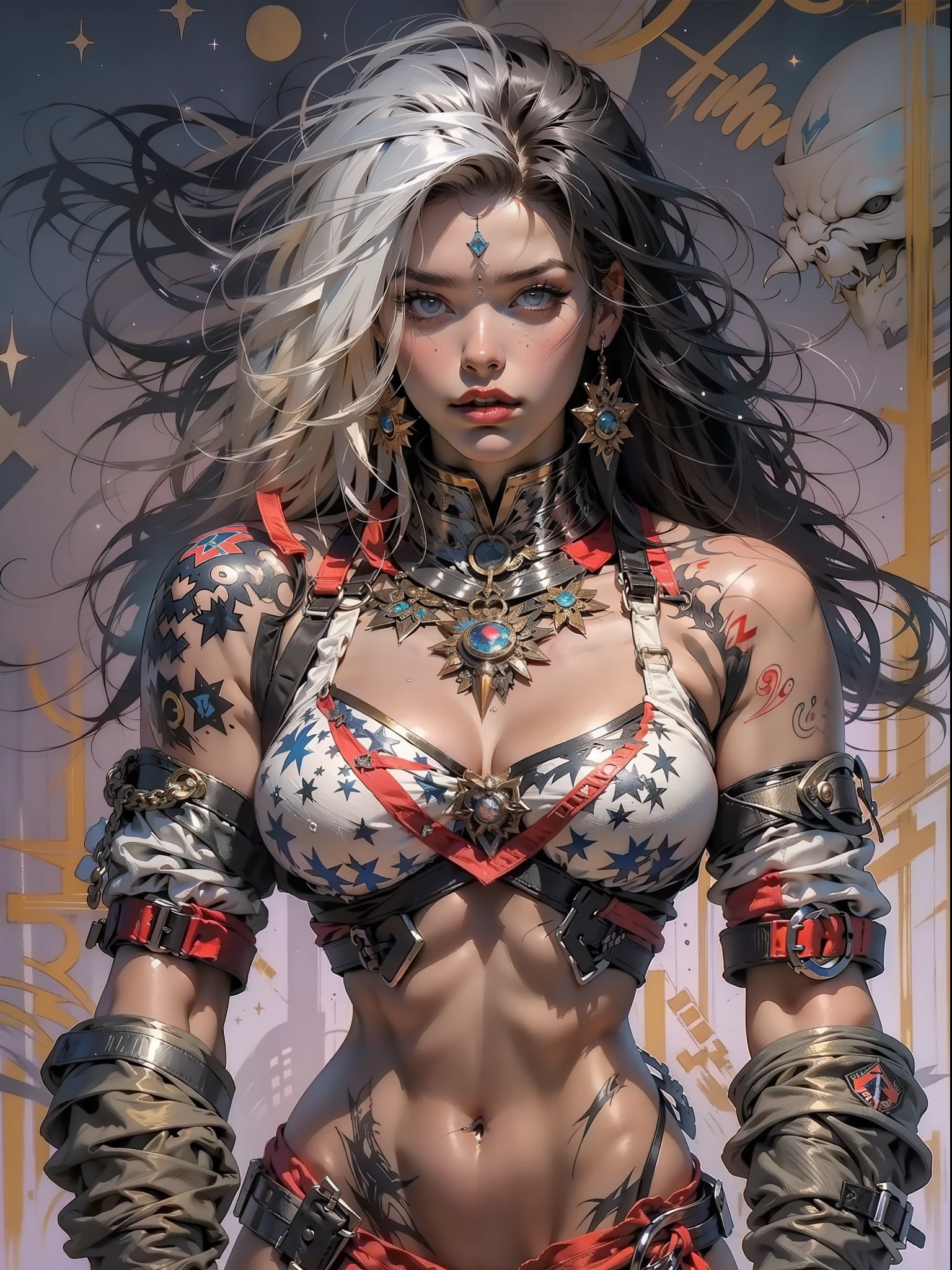 (((mulher))), (((melhor qualidade))), (((obra prima))), (((adulta))), Uma guerreira mulher de 35 anos com corpo perfeito, Brooklyn Gladiators, (( under boobs )), quase nua no estilo selvagem urbano de Simon Bisley para a capa da revista Heavy Metal, cabelo loiro, Minimum clothing, armadura (azul escuro com estrelas brancas e vermelho com listras brancas), cheio de pontas e rebites manchadas de tinta, tatuagem de estrelas de 5 pontas, (((corpo inteiro))), cabelo preto curto com franja branca cobrindo a testa