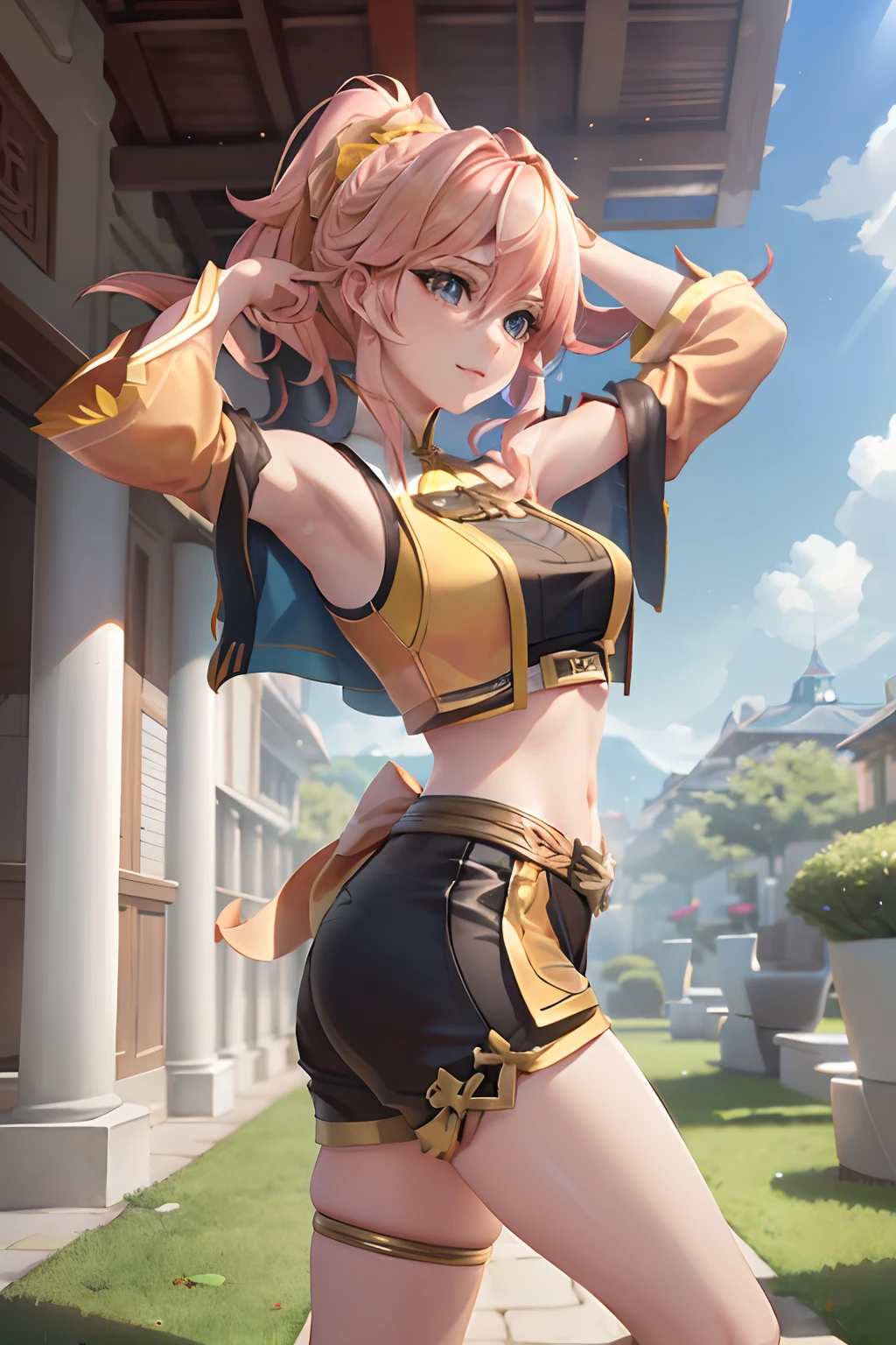 tmasterpiece, Best quality, (Detailed eyes and skin), ((Realistic)), jixiaoman, 1girll,A girl stretches on campus，rays of sunshine， Blonde_Hair, Pink_Hair, Yellow_clothes, black_clothes, Blue_Eyes, Blue_sky, Blurry, Blurry_Background, Blurry_foreground,, mediating_Breasts, Exercise_bblurry,nase，exteriors，photore_\（curly\），A plant，short detailed hair，独奏，