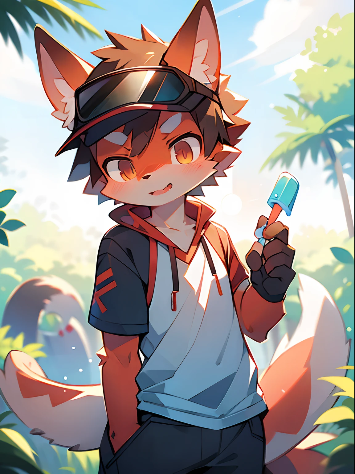 author:Jrjresq, author:Kirito, mammal, Furry, Male, Solo, wears, visor, Lick popsicles, Summer,Hazy light and shadow, Reflective skin,Reddish skin,Outdoor sunset,((the detail)),(depth of fields)