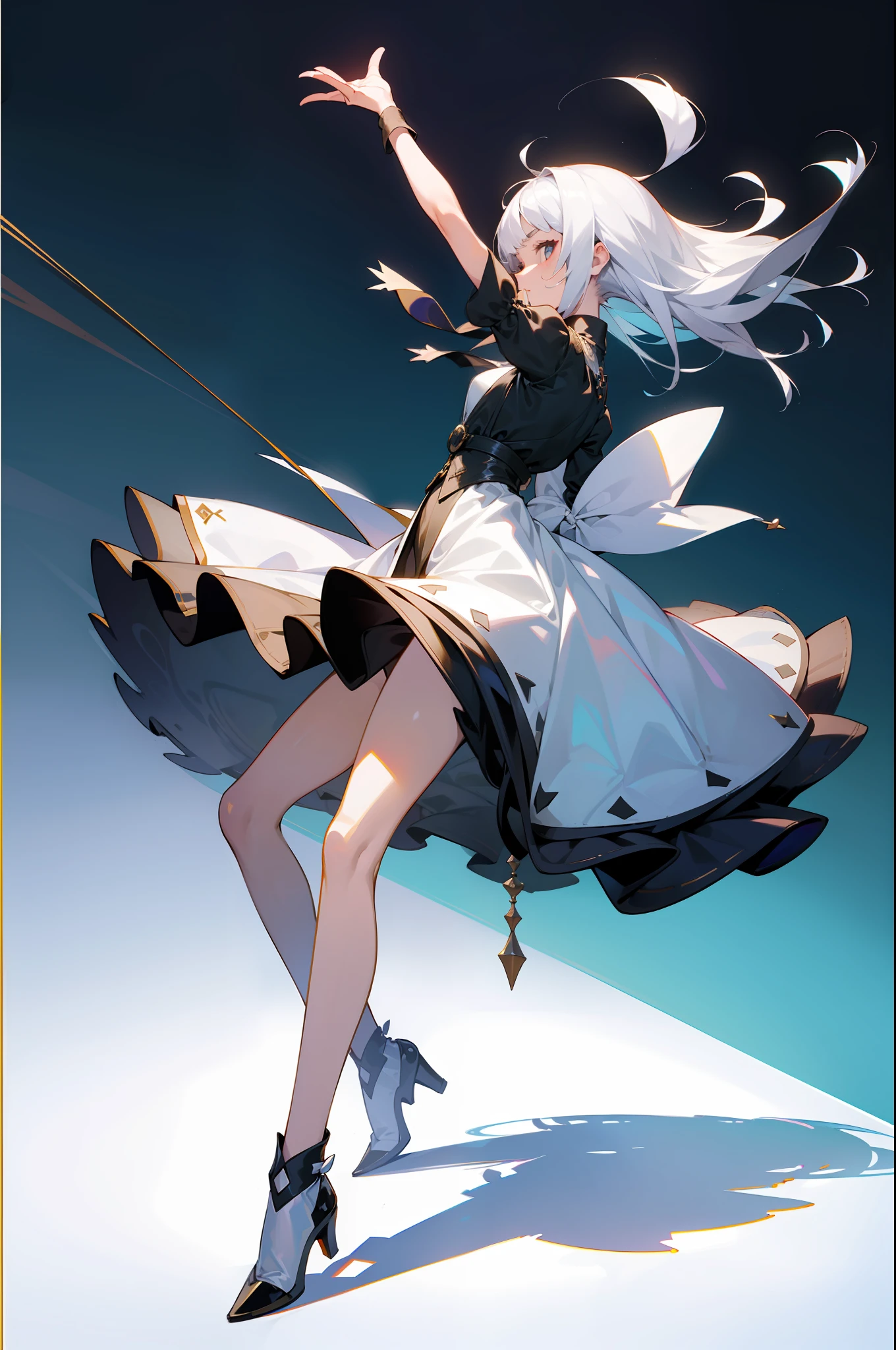 MKSKS style, (Very detailed background:1.0), (highly detailed back ground:1.0), 1girll, full_Body,,frontage,Masterpiece, Best quality, (1girll, Solo, Girl:1.2),,White hair,Best shadow,foods,Create magic,putting hand up,Arm raised,Raised Legs,Whole body diagram,Standing drawing of characters,Magic Array