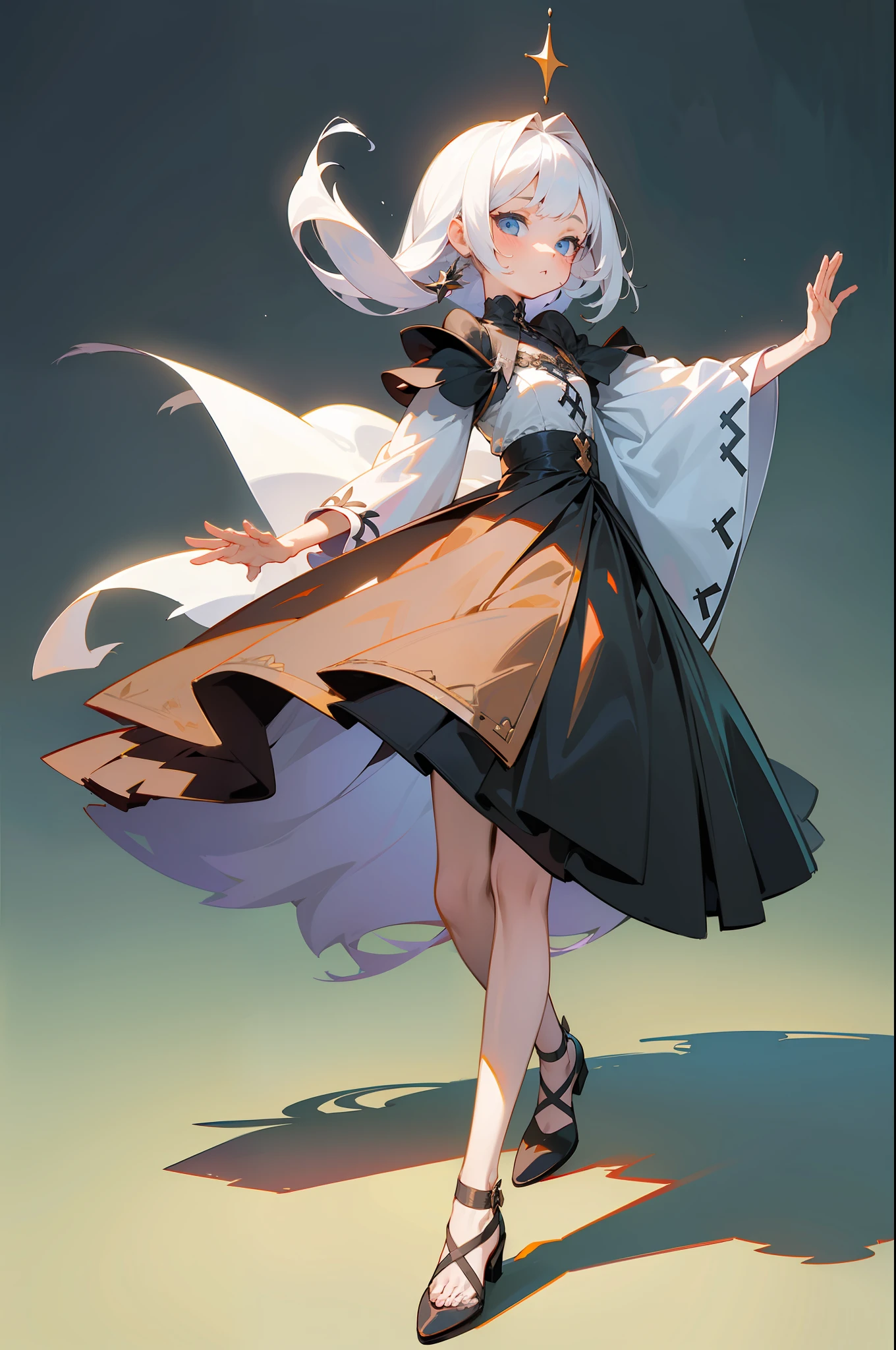 MKSKS style, (Very detailed background:1.0), (highly detailed back ground:1.0), 1girll, full_Body,,frontage,Masterpiece, Best quality, (1girll, Solo, Girl:1.2),,White hair,Best shadow,foods,Create magic,putting hand up,Arm raised,Raised Legs,Whole body diagram,Standing drawing of characters,Magic Array
