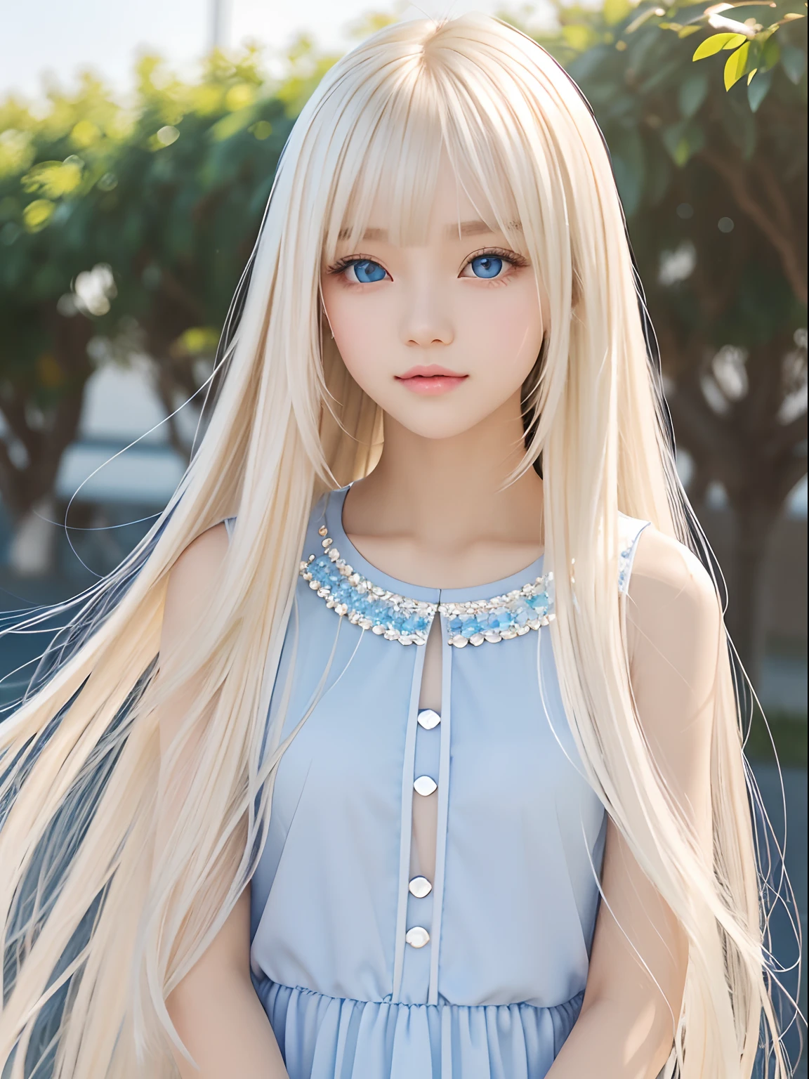 1 girl、portlate、student clothes、blue-sky、Bright and very beautiful face、年轻, shiny white shiny skin、Best Looks、Blonde hair with dazzling light reflection、Beautiful Platinum Blonde Super Long Silky Straight Hair Gloss、Long bangs、Extraordinarily beautiful 17 years old、Big eyes that shine crystal clear light blue、Beautiful lovely beautiful girl