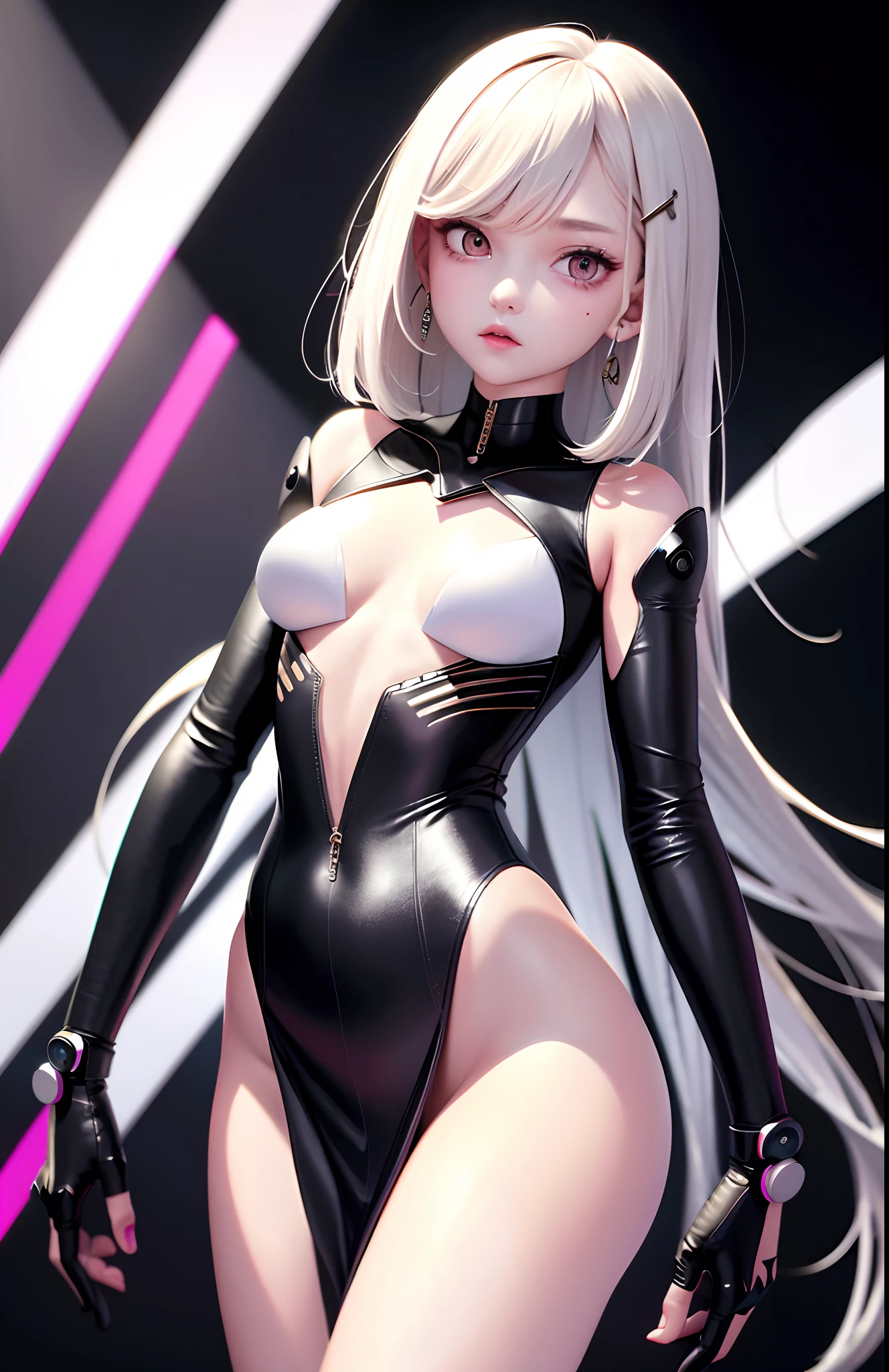 optimum,tmasterpiece,A high resolution,best qualtiy,hyper HD,super detailing,Award-Awarded,16k,独奏,(The upper part of the body),anatomy correct,Beautiful cyberpunk girl,Ex Machina,cute face,high light,Gradient Beige Hair,Hairline,((Scarlet eyes)),long eyelasher,Hanging eye corners,White skin of the,(small boobs),(Slim body),((suit_jacket)),((high-waist_Skirt)),(),ear studs,(neck rings),(Laser material clothing:1.2)