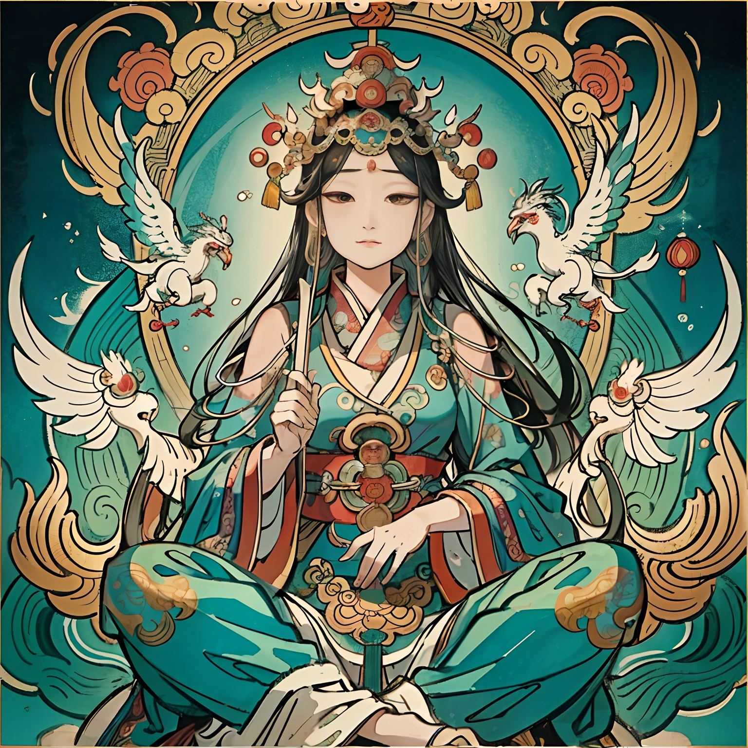 an ancient Chinese goddess, guanyin of the southern seas, Guanyin, Inspired by India, Avalokiteshvara rides a phoenix,,Serene expression,shui mo hua,Buddha,Buddhist,Lotus,Chinese painting style,Thangka style