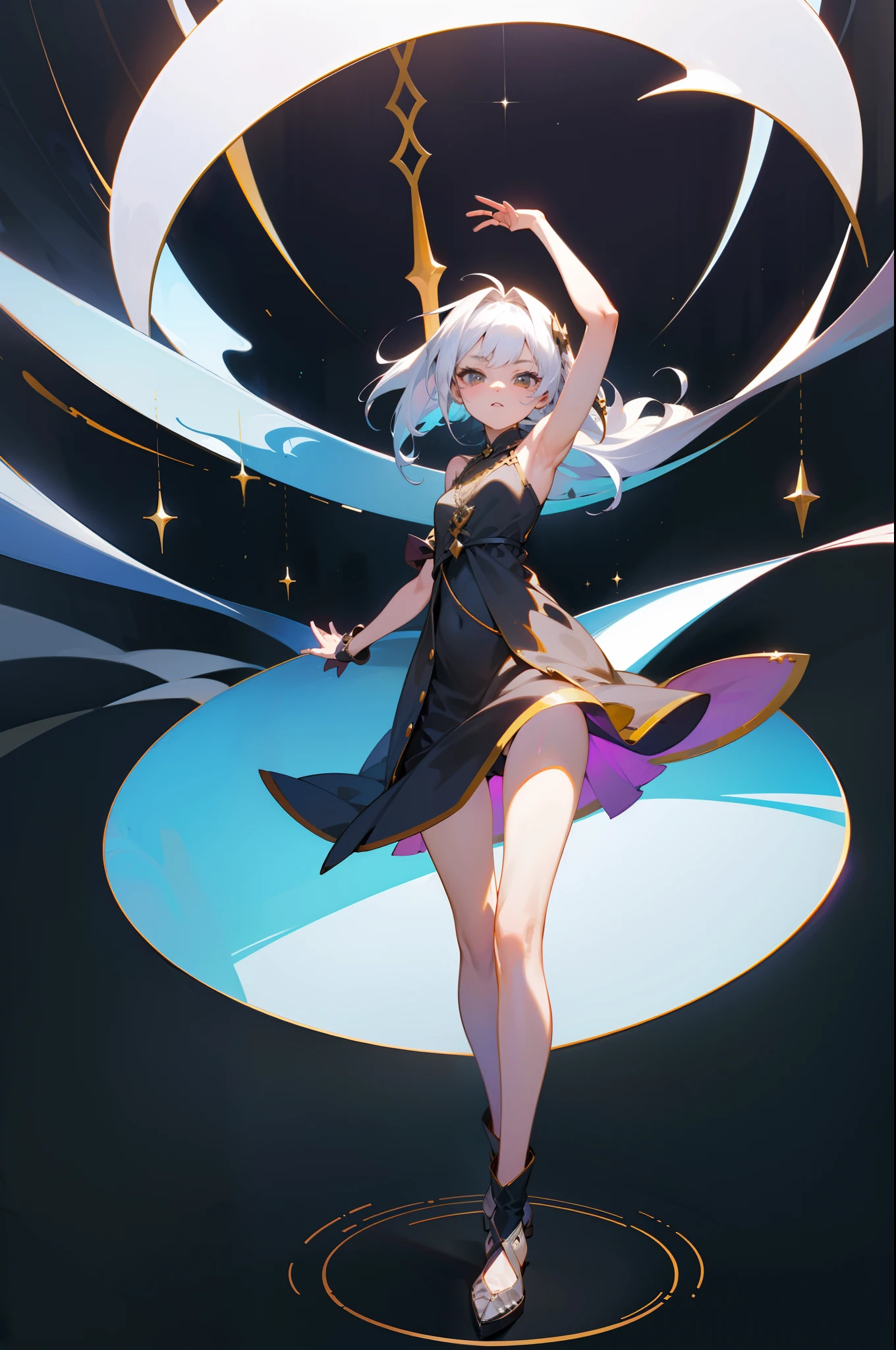 masterpiece,top quality,fantasy,Blue space with shining stars,ice cave,Girl using magic blonde girl),,green eyes,(Blue jewelry and luxurious silver tiara,Navel ejection、Gorgeous sexy girl in white dress,Blue gemstone brooch,golden decoration),White and blue high heels,white high socks、Wear blue socks on your right foot,Luxury sword,Blue gemstone in hand,Confident facial expression,Green cube glowing on the ground,Purple fog,Fly green laser beam,Posture of holding a sword with both hands,low angle,There are large blue crystals under your feet