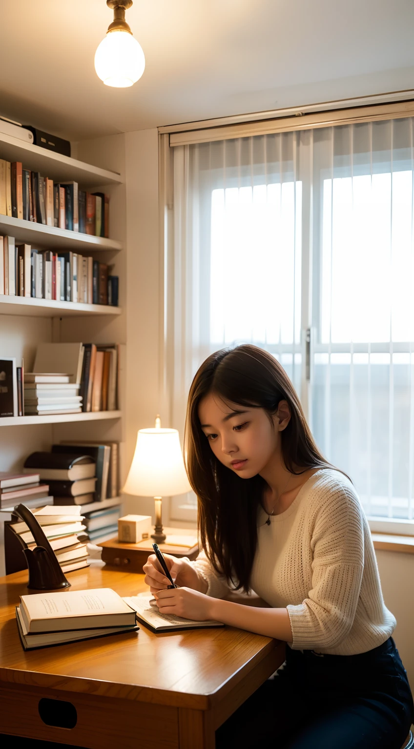 A girl reads in her bedroom,There are a lot of books on the shelves,kawa,pens,Study desk,The picture is warm,lamplight,adolable,